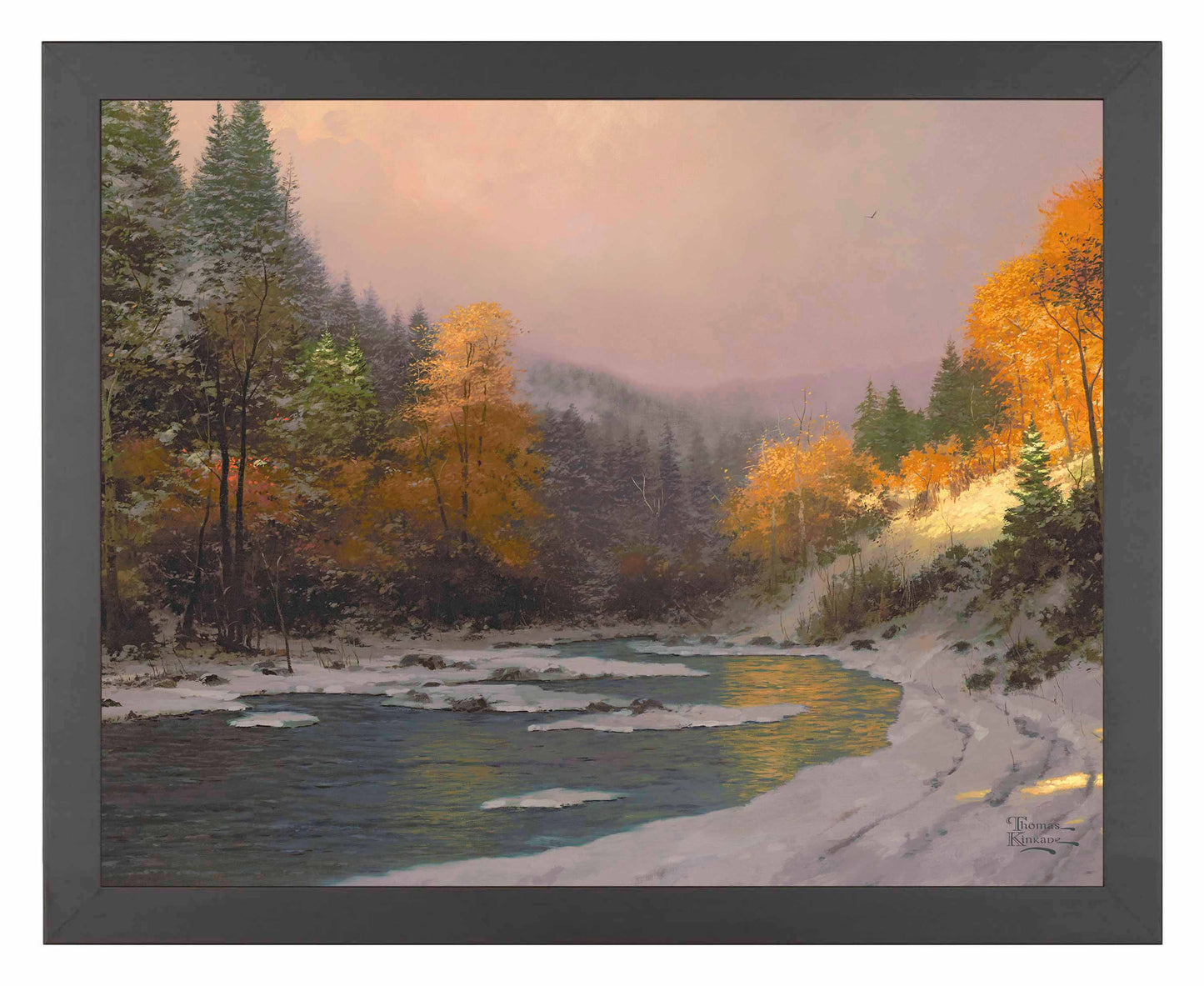 Framed painting of Autumn trees and snow by the lake