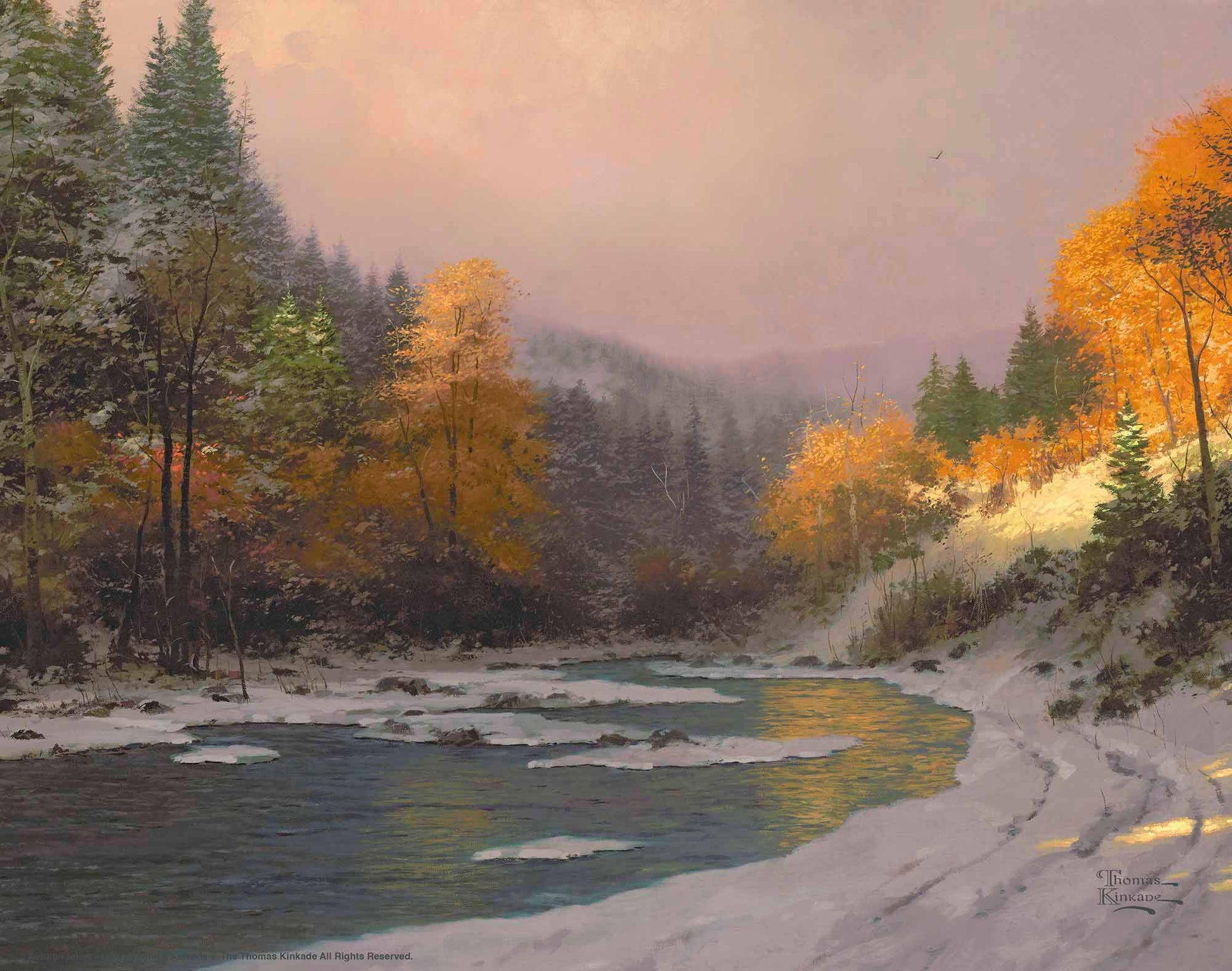 Painting of Autumn trees and snow by the lake