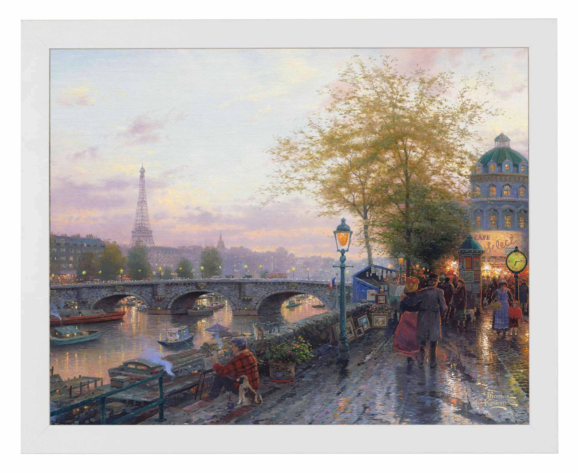 Framed painting of Eiffel tower and a bridge with people walking by the river