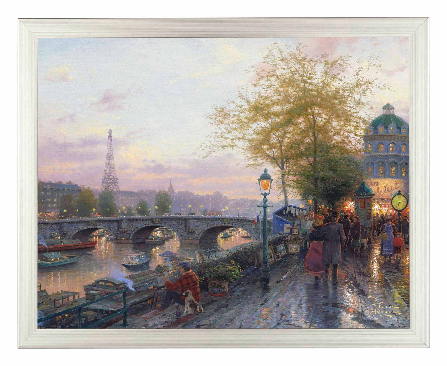 Framed painting of Eiffel tower and a bridge with people walking by the river
