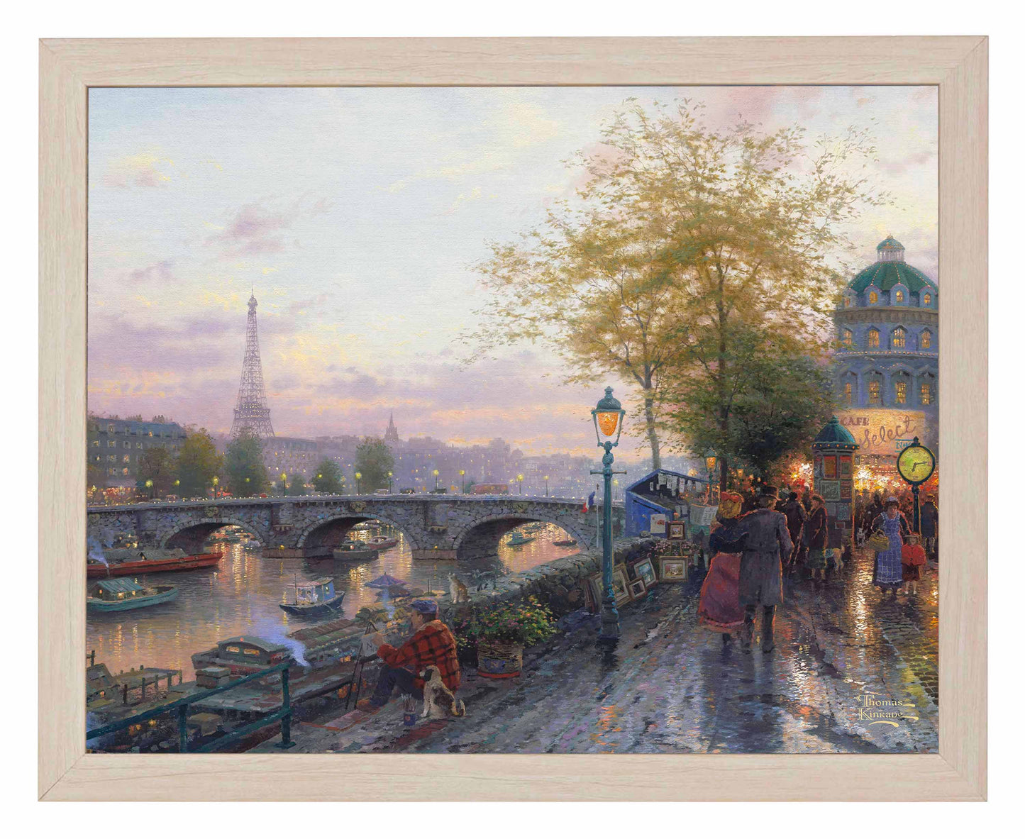 Framed painting of Eiffel tower and a bridge with people walking by the river