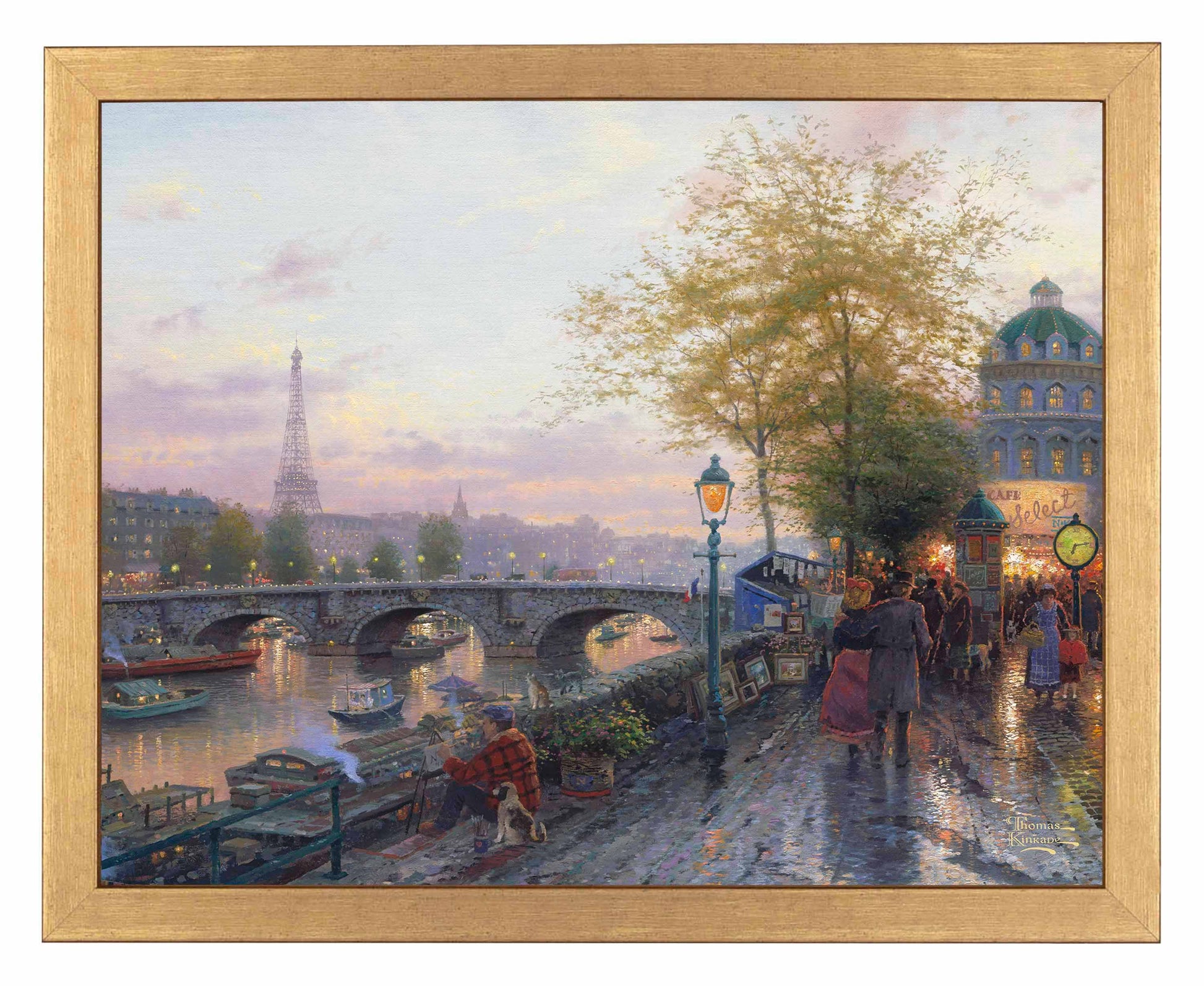 Framed painting of Eiffel tower and a bridge with people walking by the river