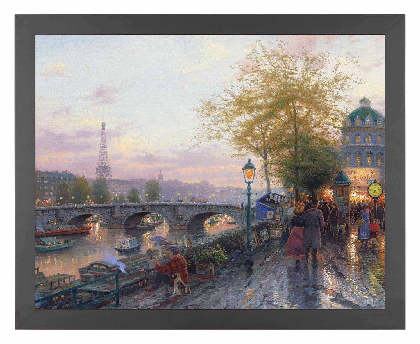 Framed painting of Eiffel tower and a bridge with people walking by the river