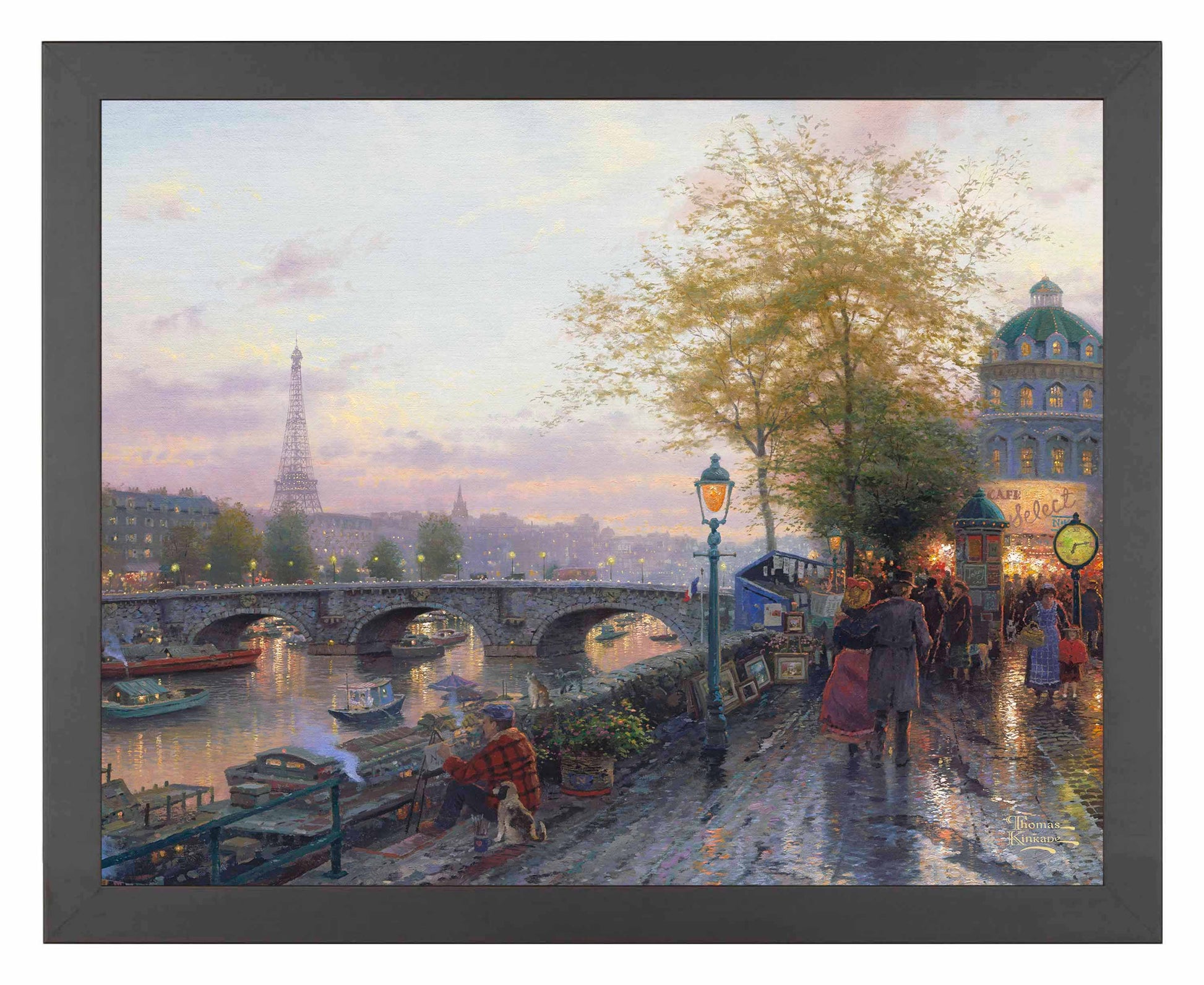 Framed painting of Eiffel tower and a bridge with people walking by the river