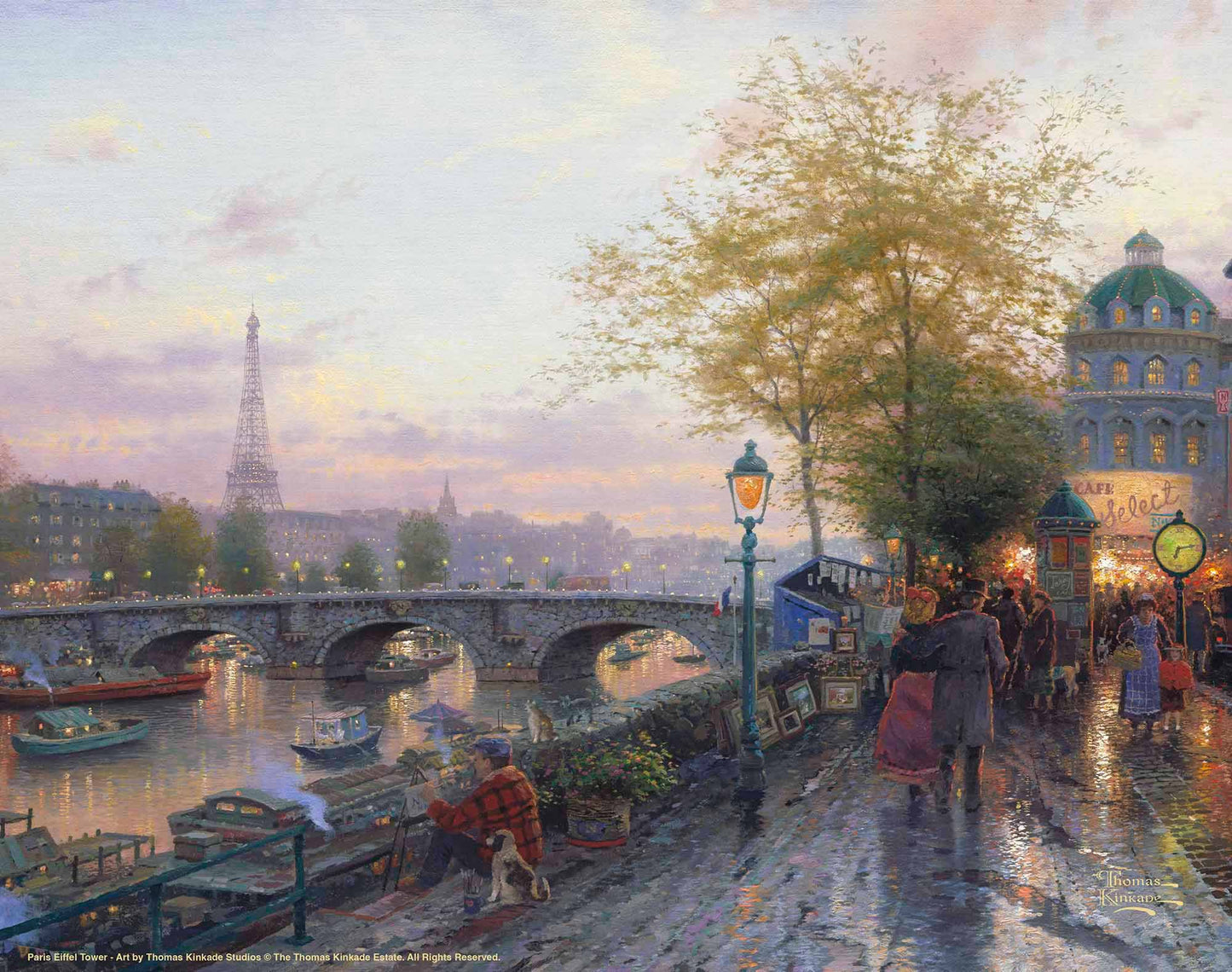 Painting of Eiffel tower and a bridge with people walking by the river
