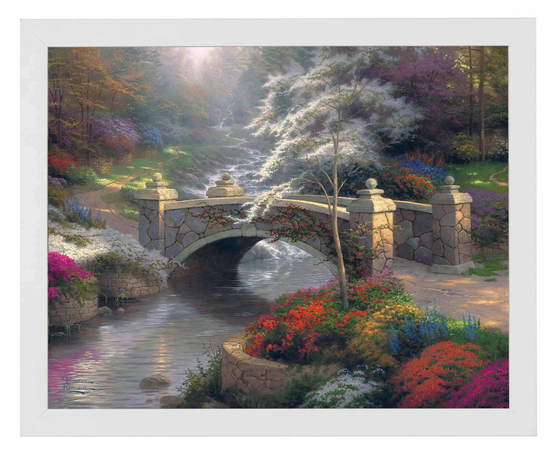 Framed painting of a bridge with roses by the river