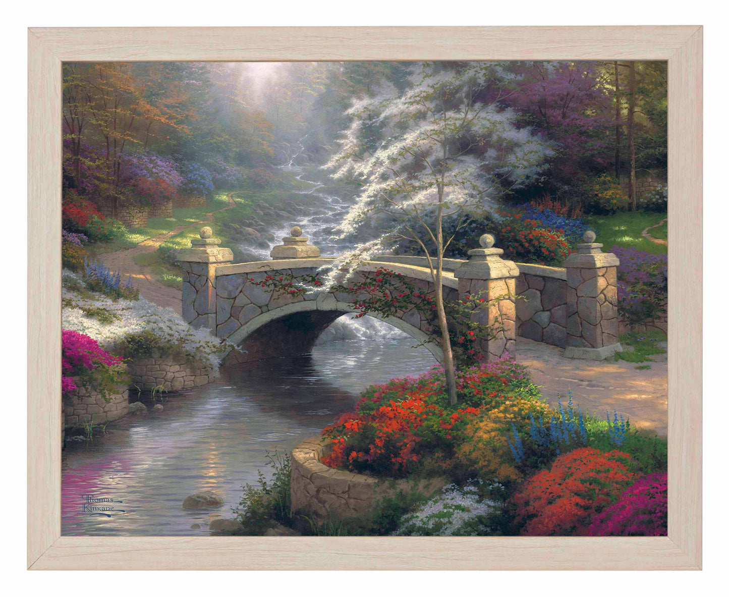 Framed painting of a bridge with roses by the river