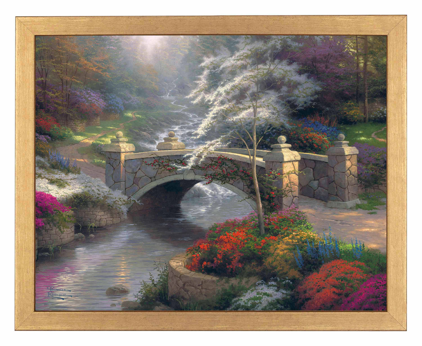 Framed painting of a bridge with roses by the river