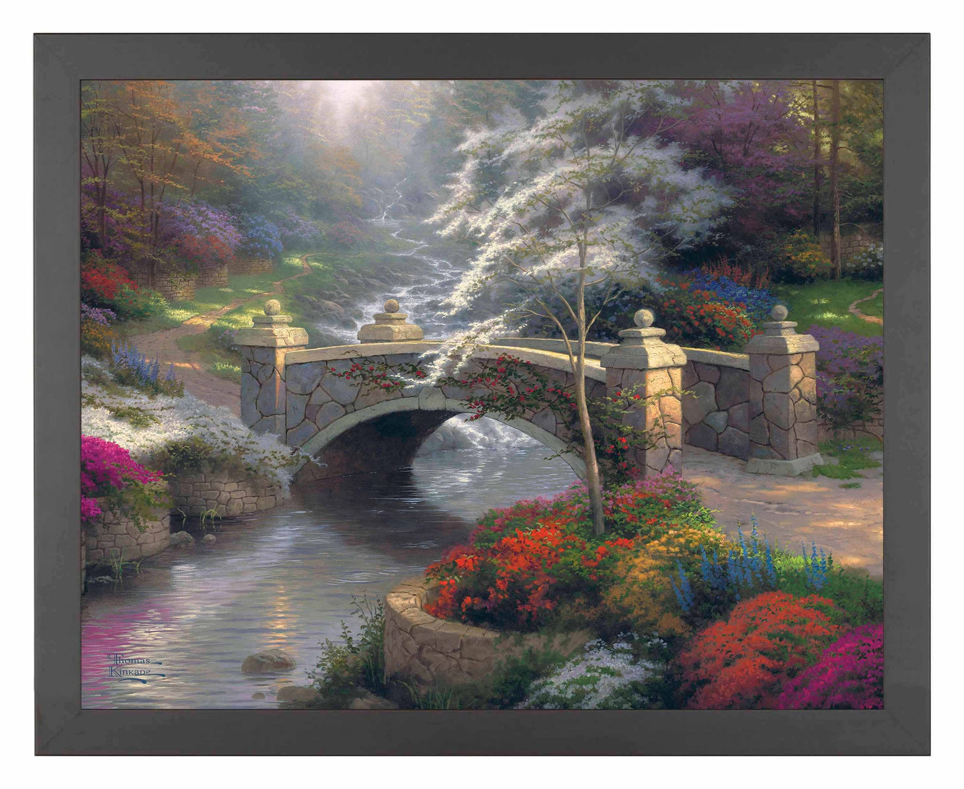 Framed painting of a bridge with roses by the river
