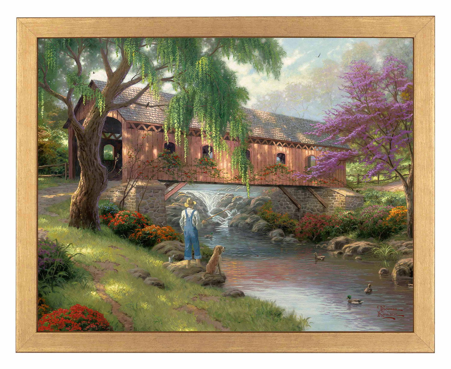 Framed painting of a house and trees by the river
