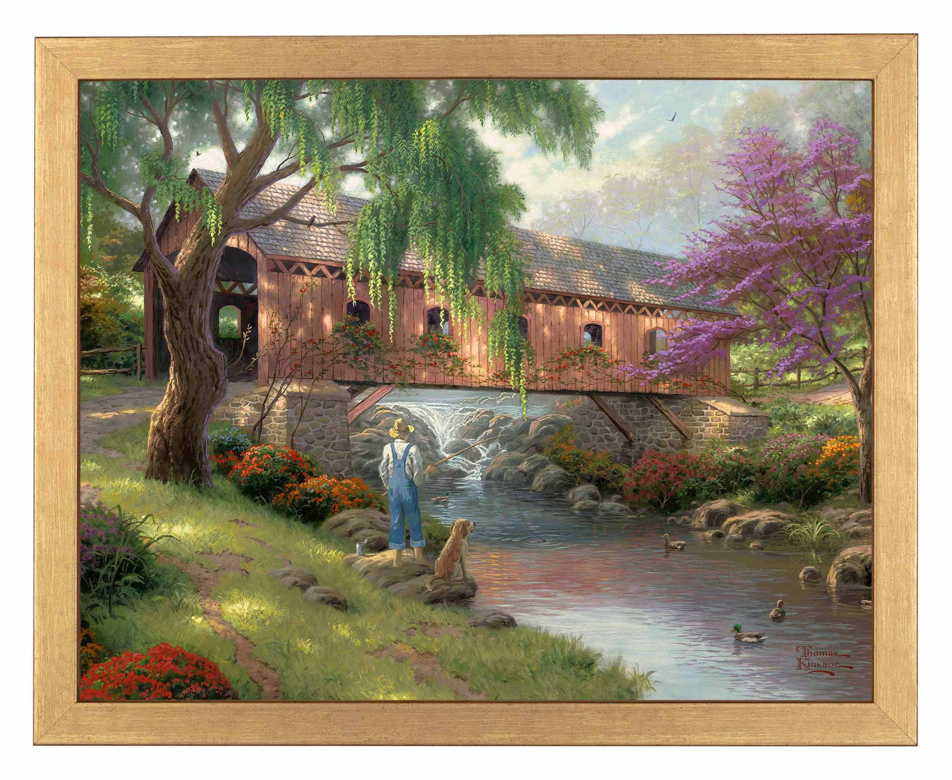 Framed painting of a house and trees by the river