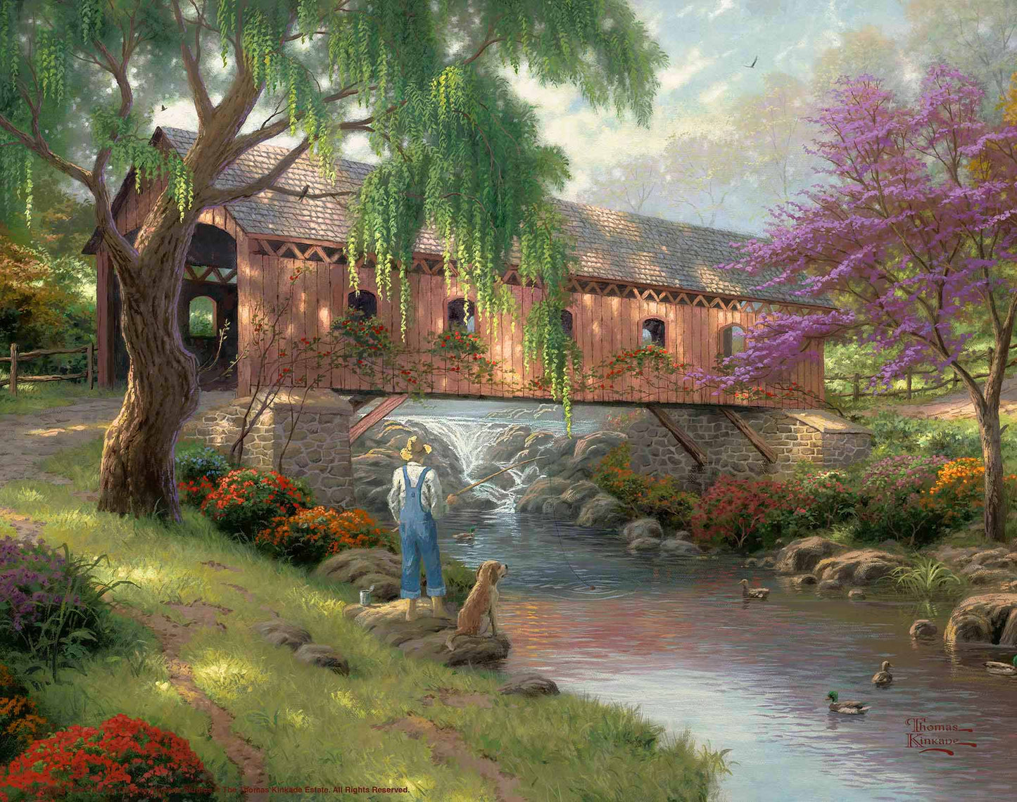 Painting of a house and trees by the river