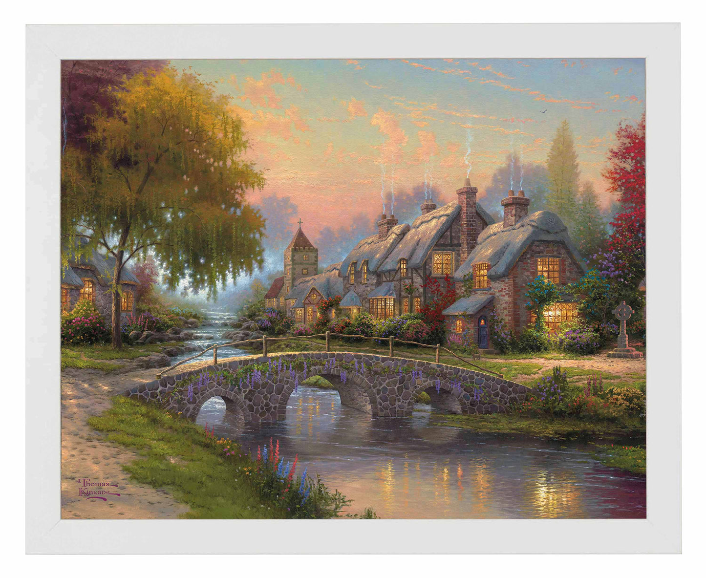 Framed painting of a bridge and house by the river 
