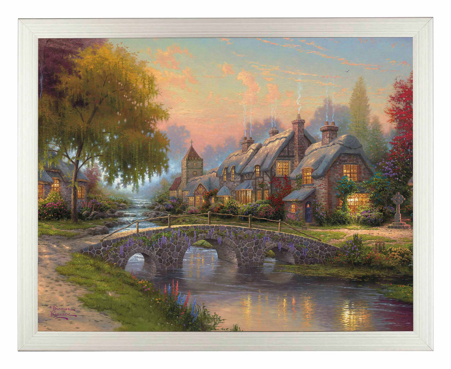 Framed painting of a bridge and house by the river 
