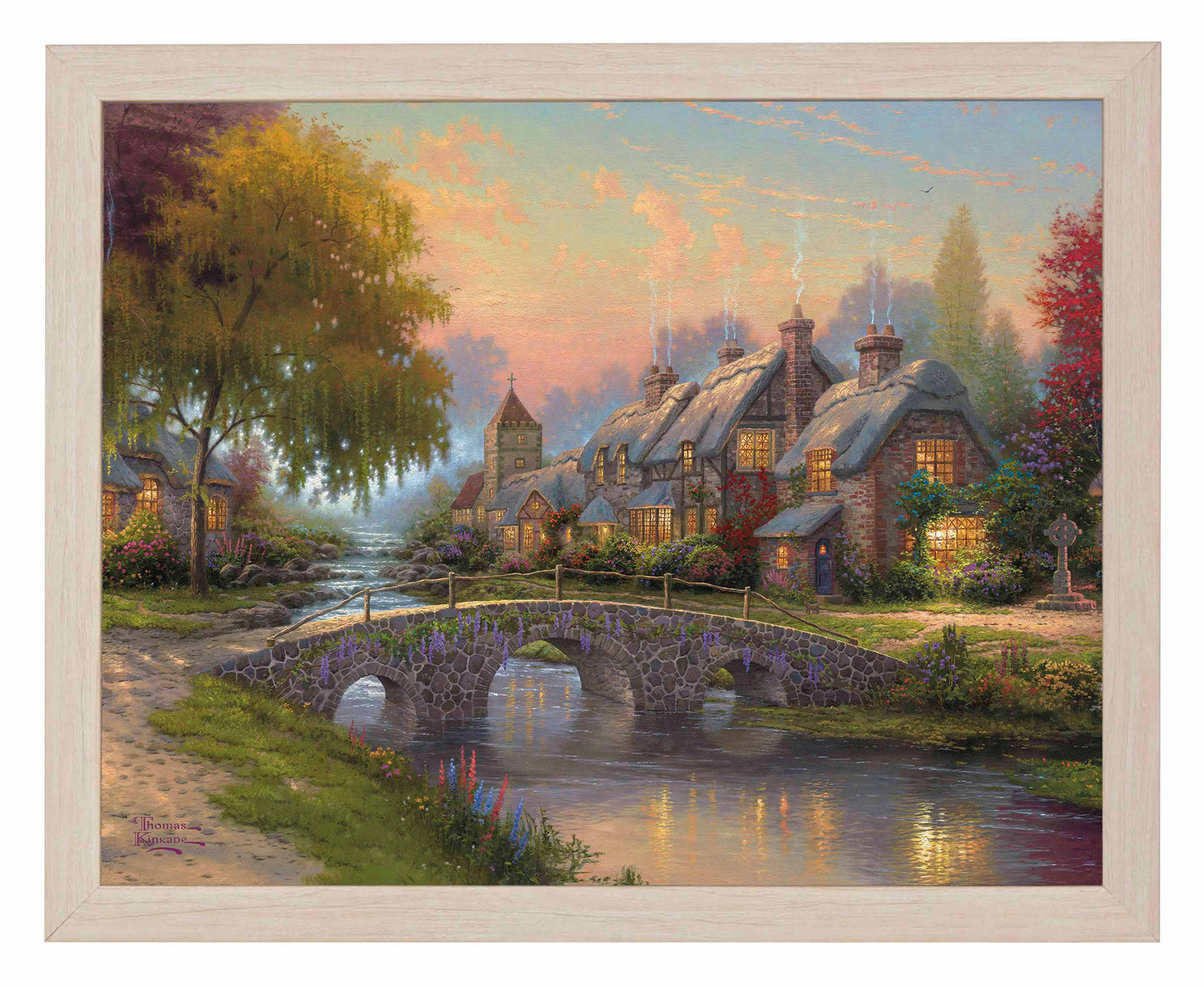 Framed painting of a bridge and house by the river 