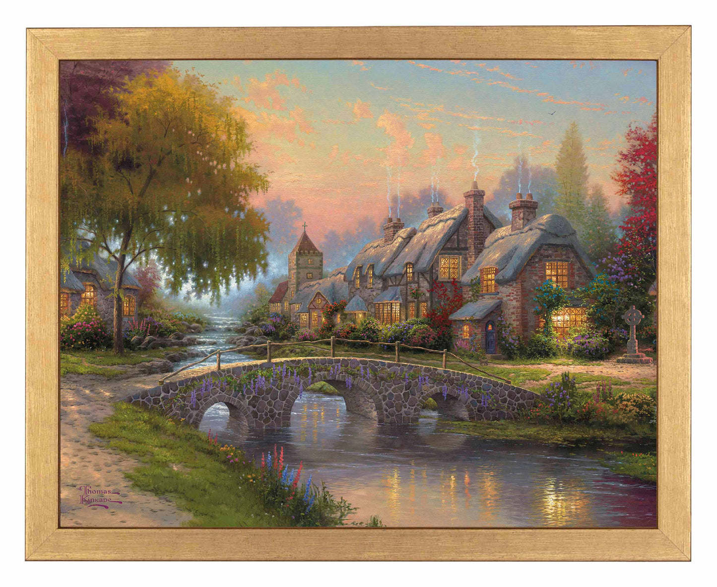 Framed painting of a bridge and house by the river 