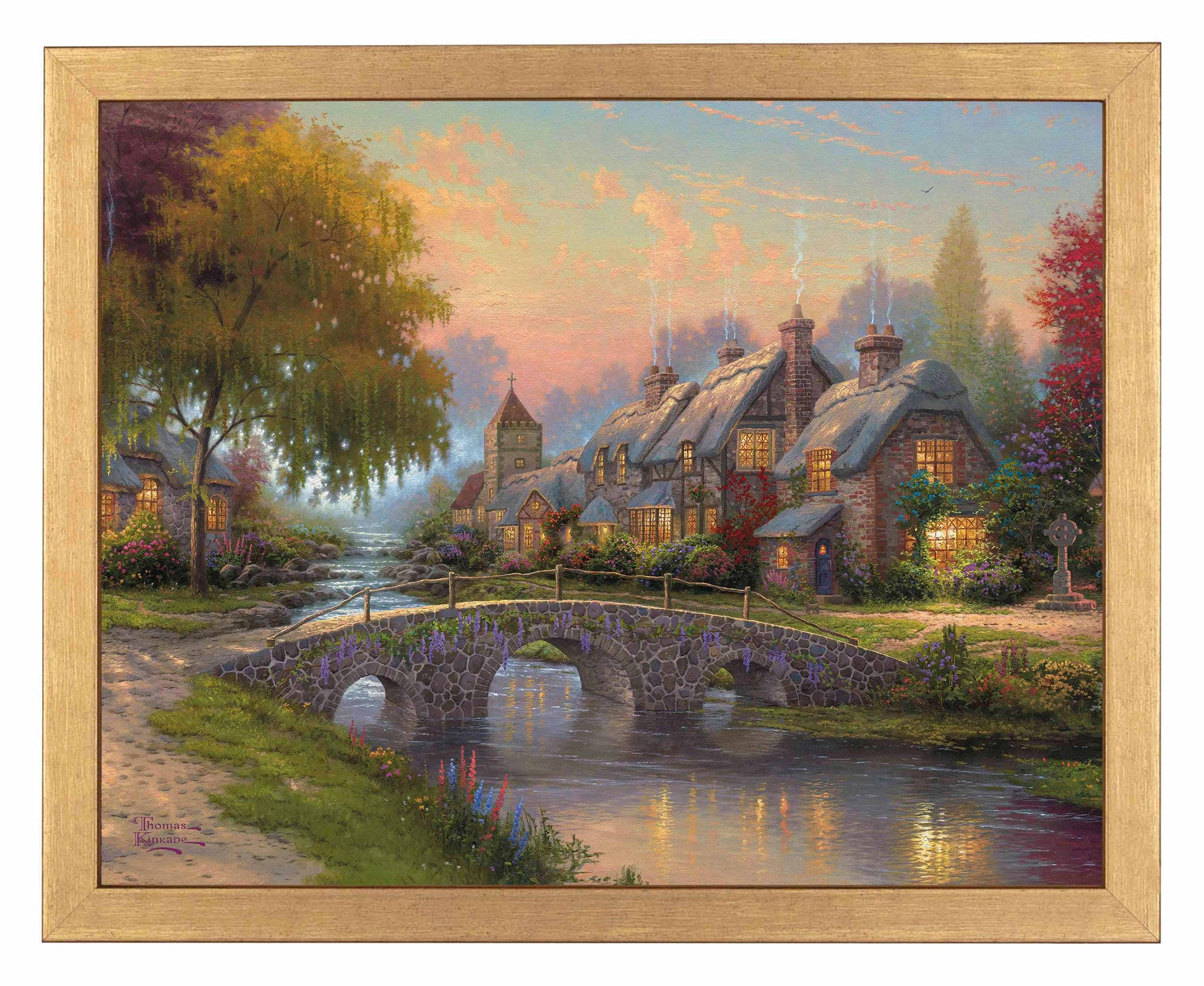 Framed painting of a bridge and house by the river 