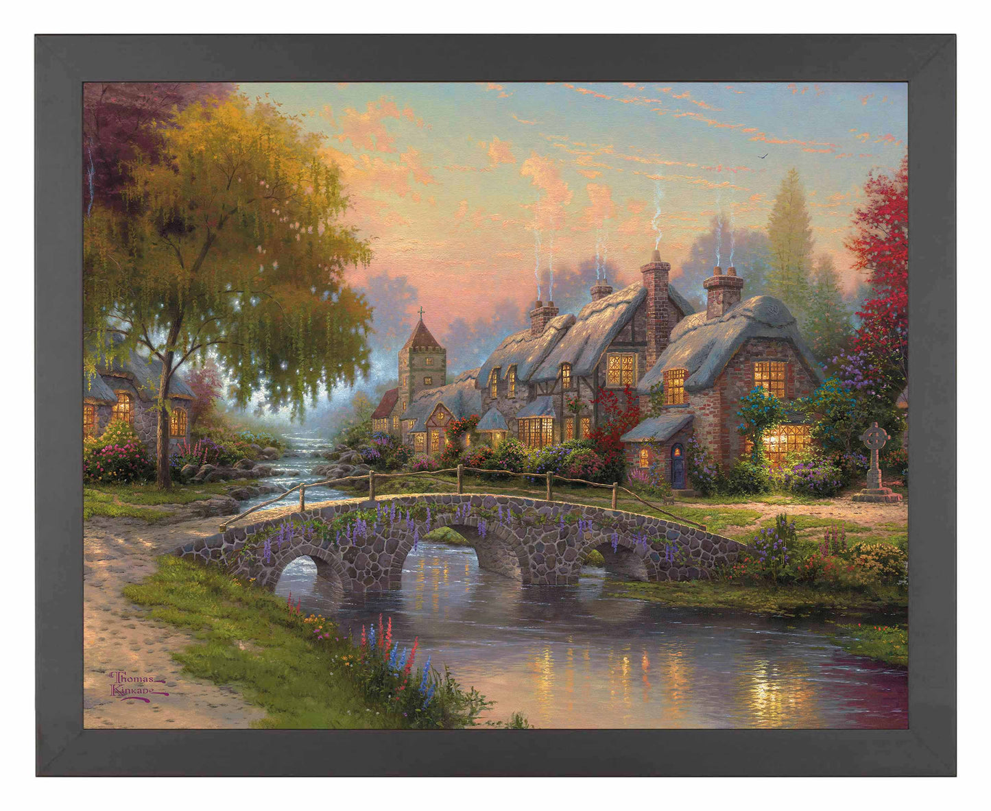 Framed painting of a bridge and house by the river 