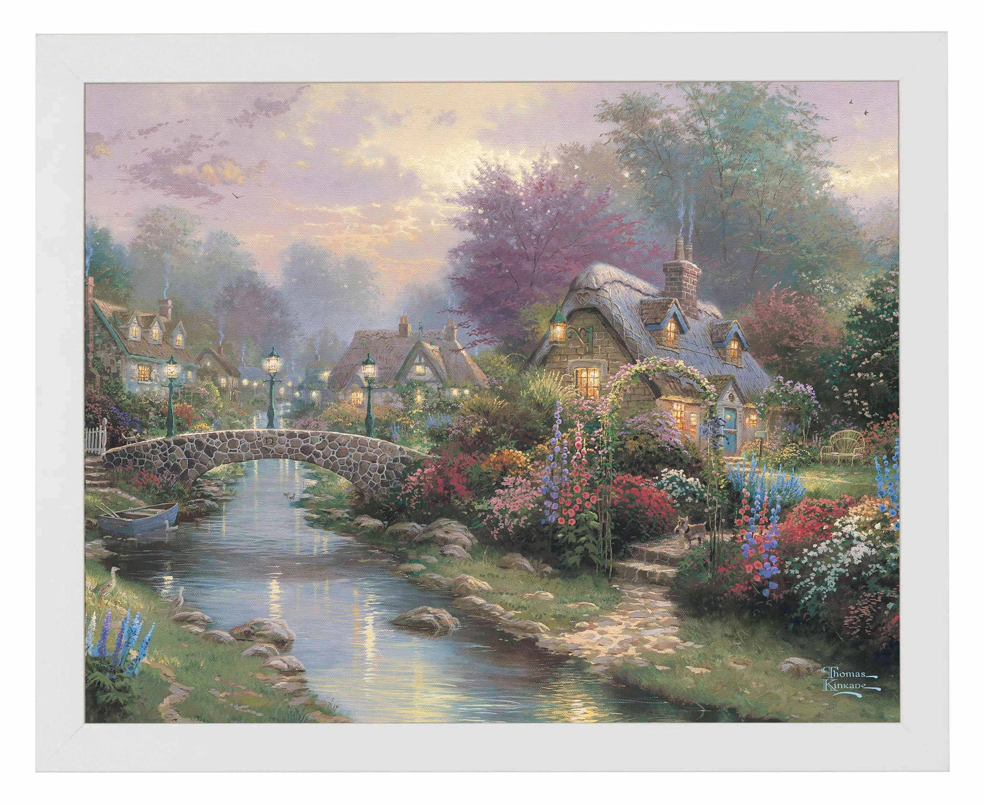 Framed painting of a lamplight bridge and house with roses by the river