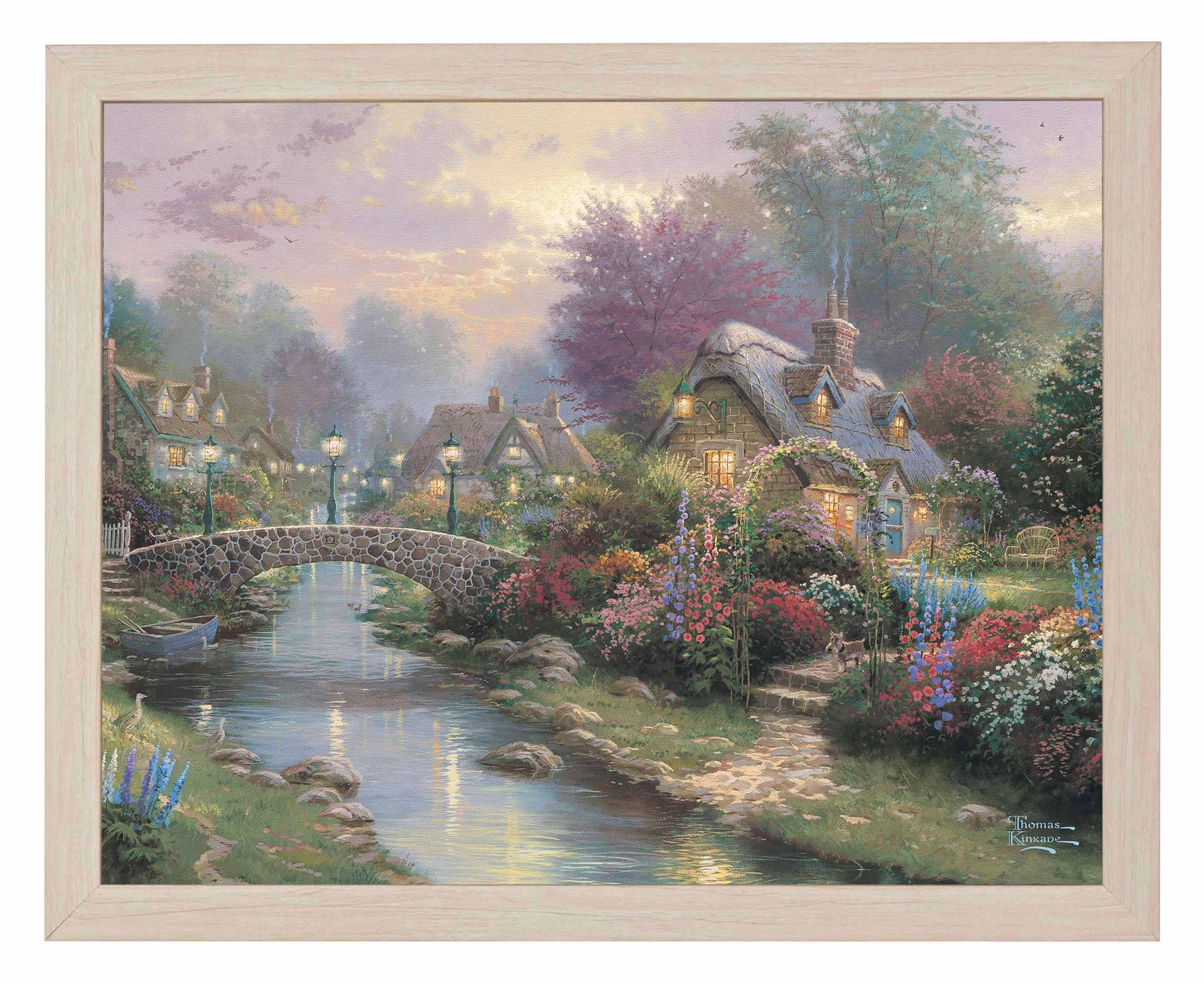 Framed painting of a lamplight bridge and house with roses by the river