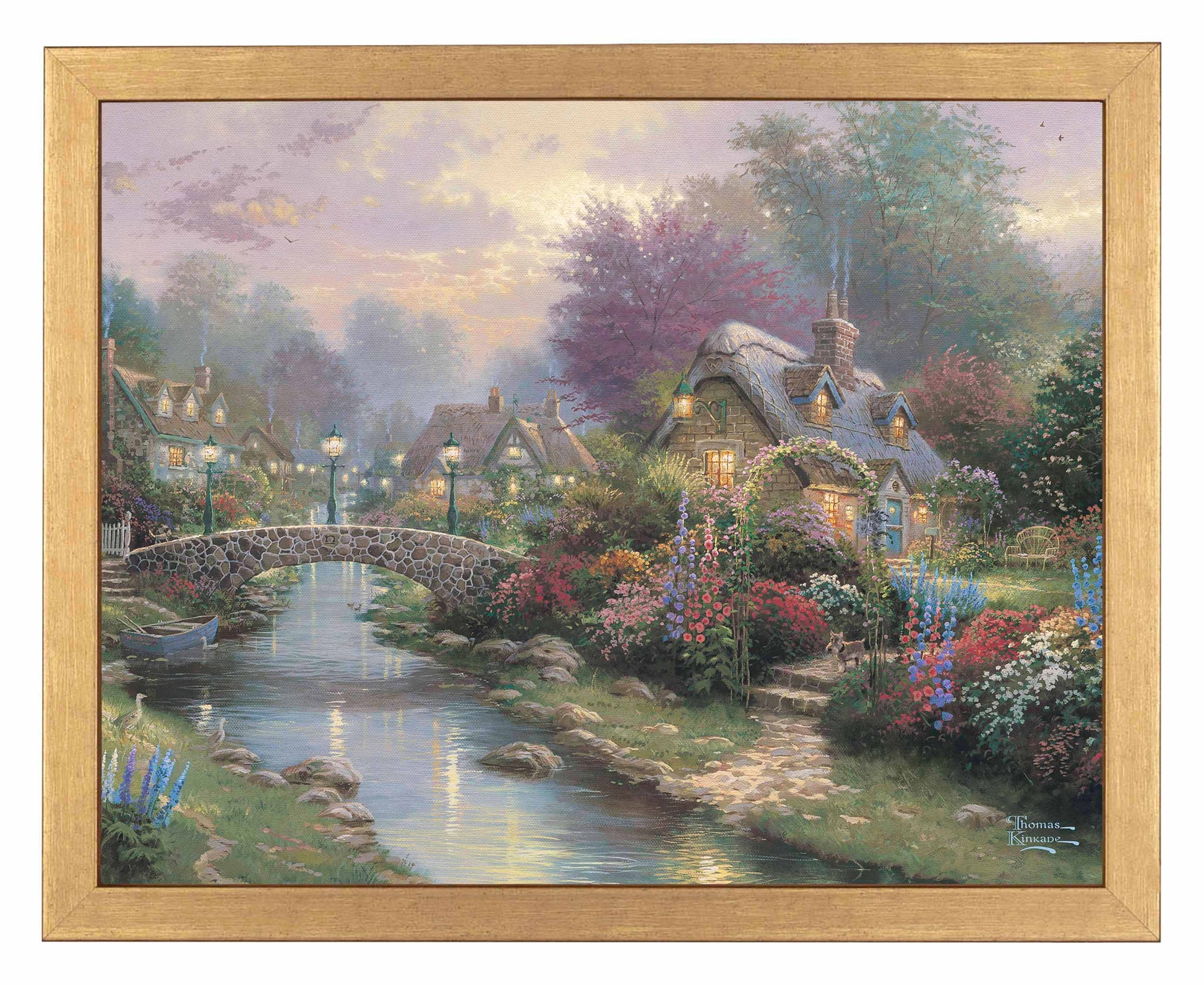 Framed painting of a lamplight bridge and house with roses by the river