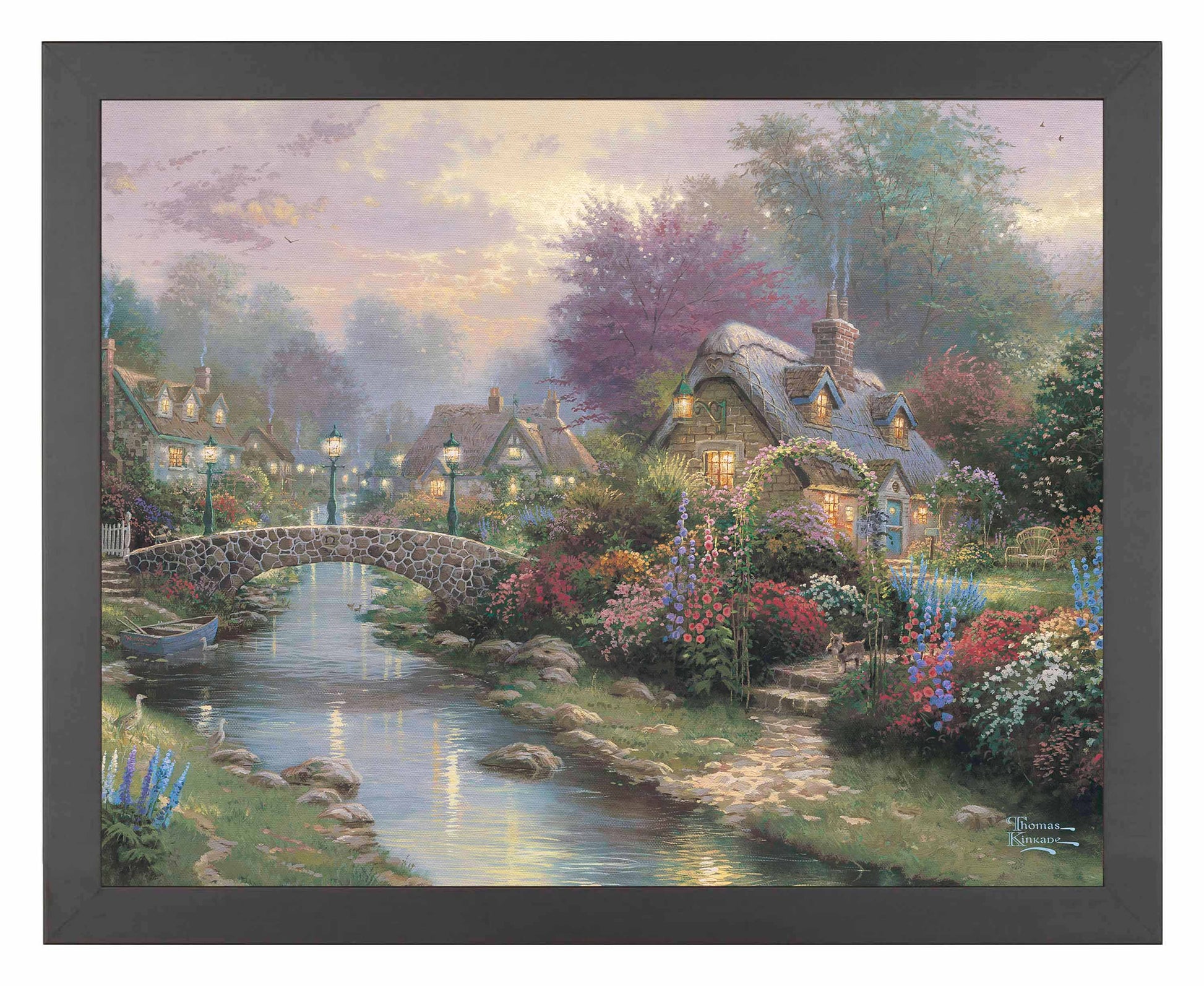 Framed painting of a lamplight bridge and house with roses by the river
