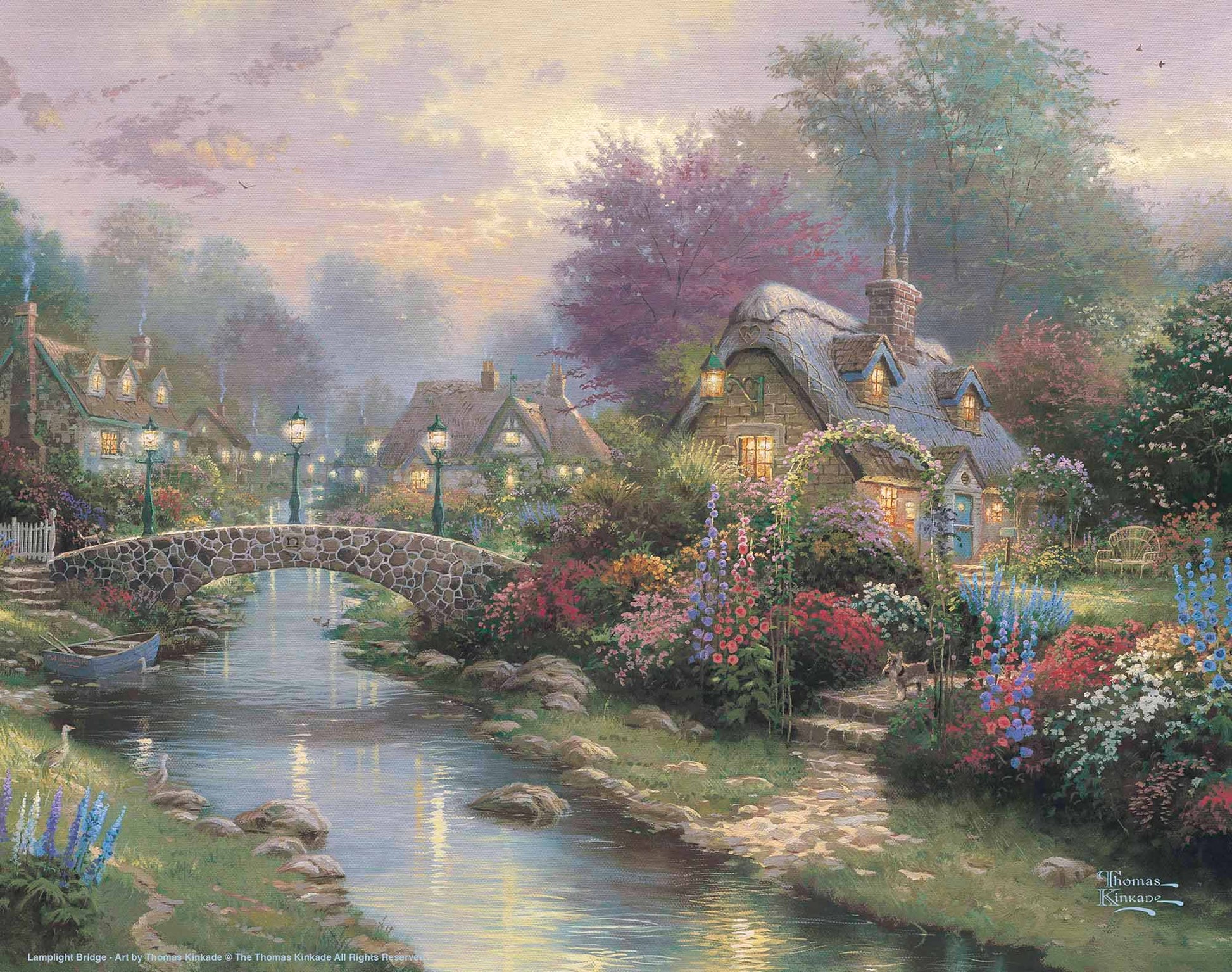 Painting of a lamplight bridge and house with roses by the river