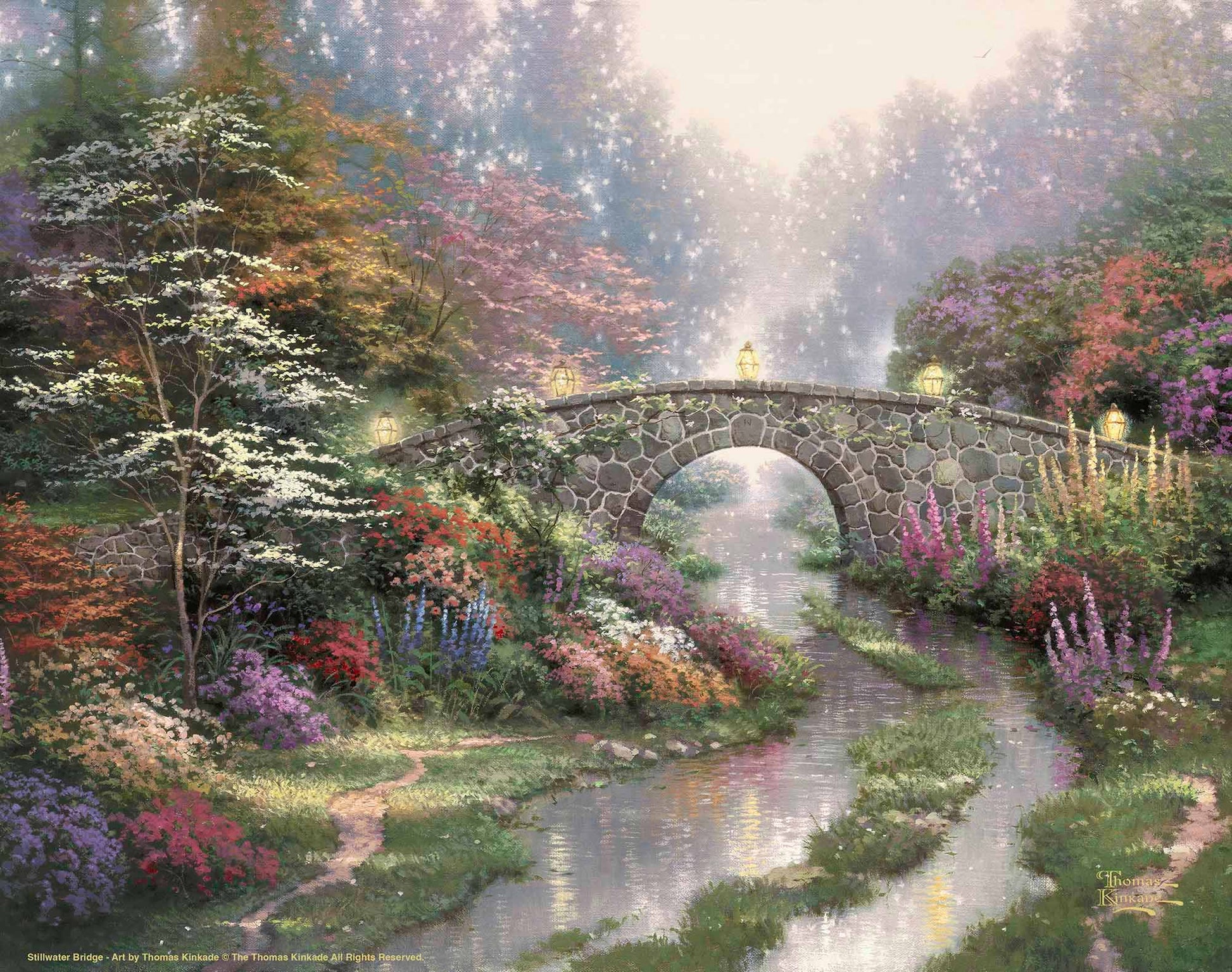 Painting of a bridge and trees by the river