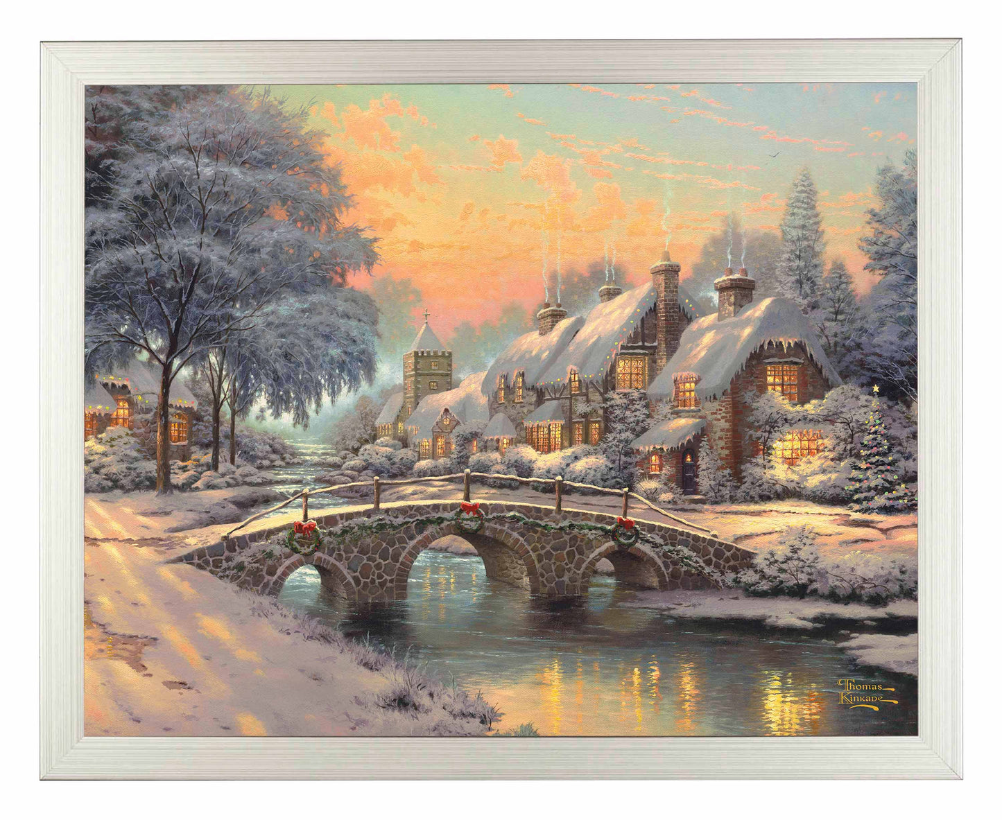 Framed painting of Christmas bridge and house by the river
