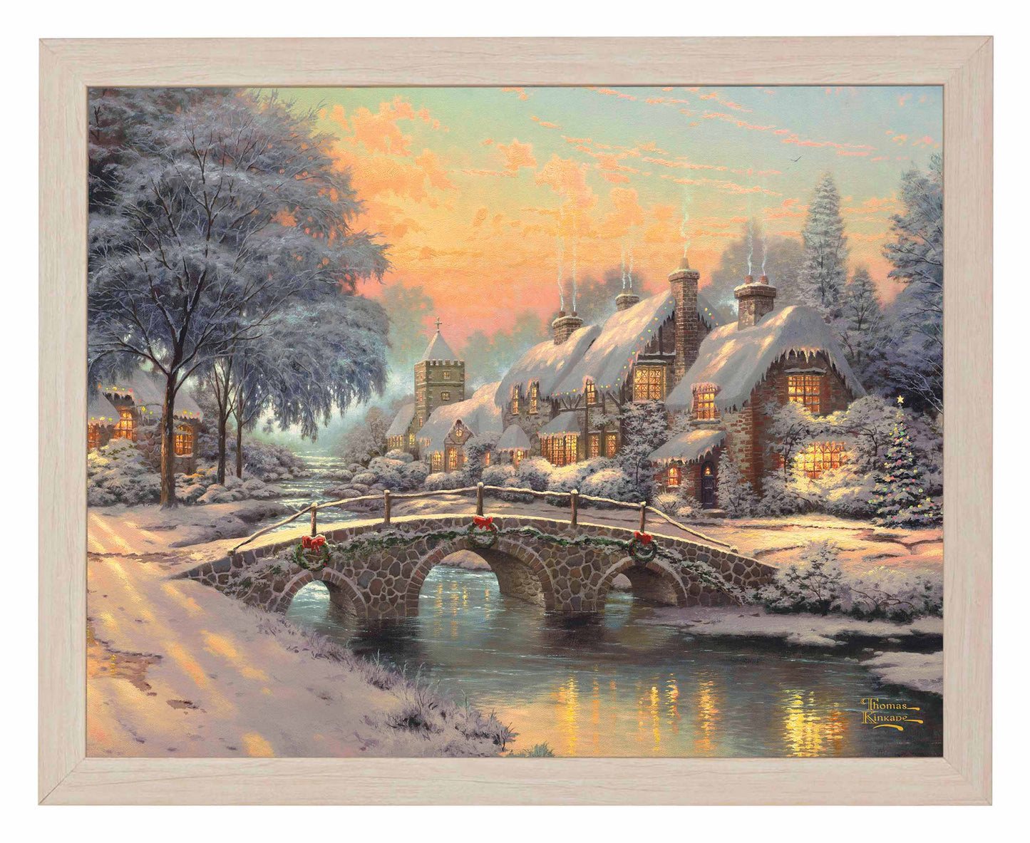 Framed painting of Christmas bridge and house by the river