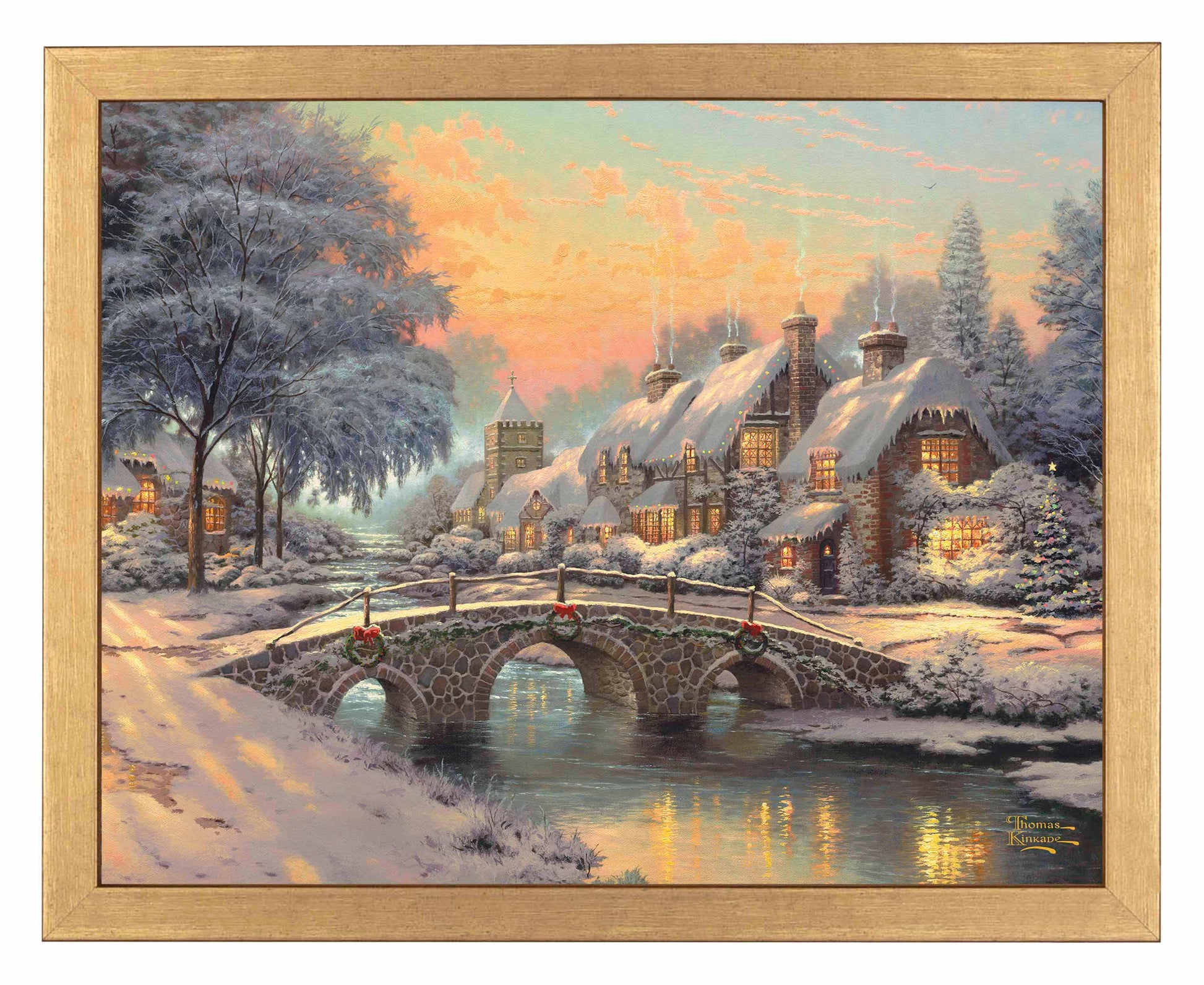 Framed painting of Christmas bridge and house by the river