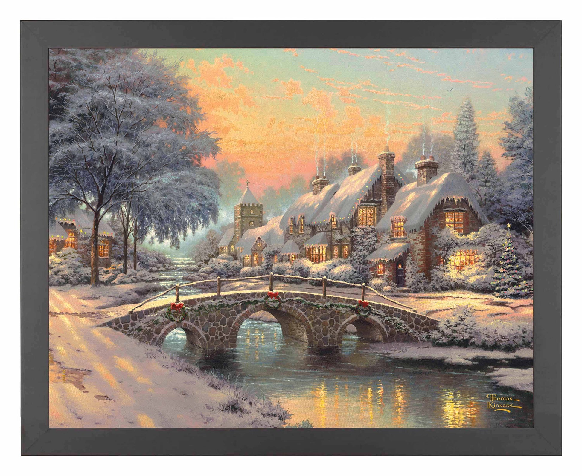 Framed painting of Christmas bridge and house by the river