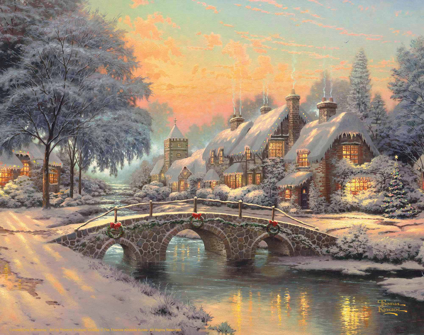 Painting of Christmas bridge and house by the river