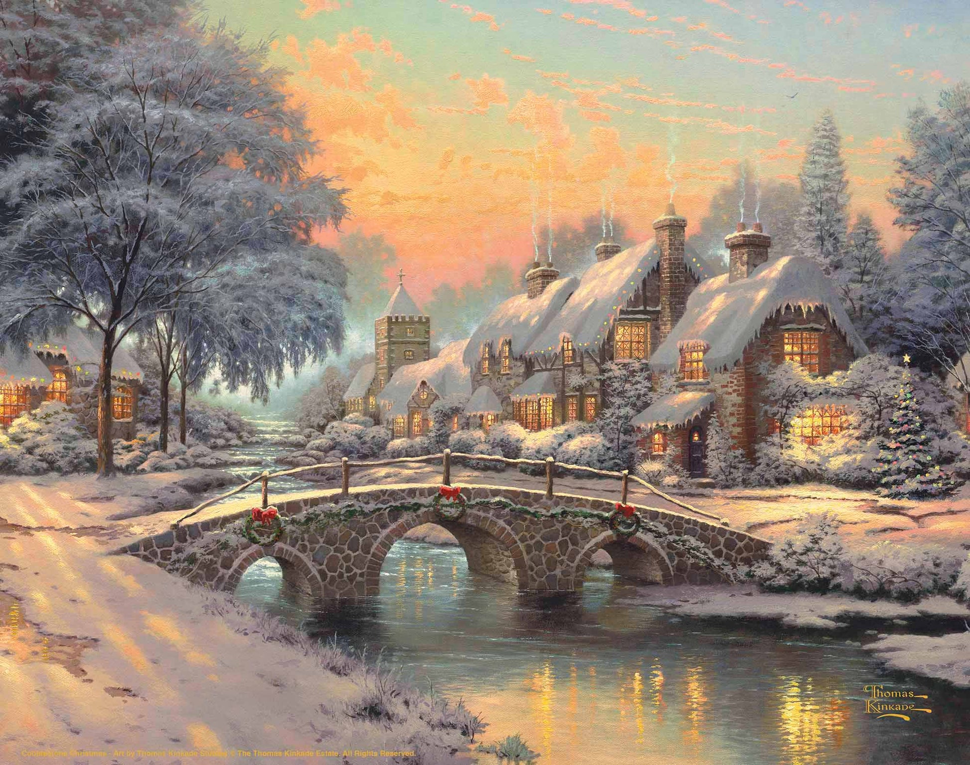 Painting of Christmas bridge and house by the river