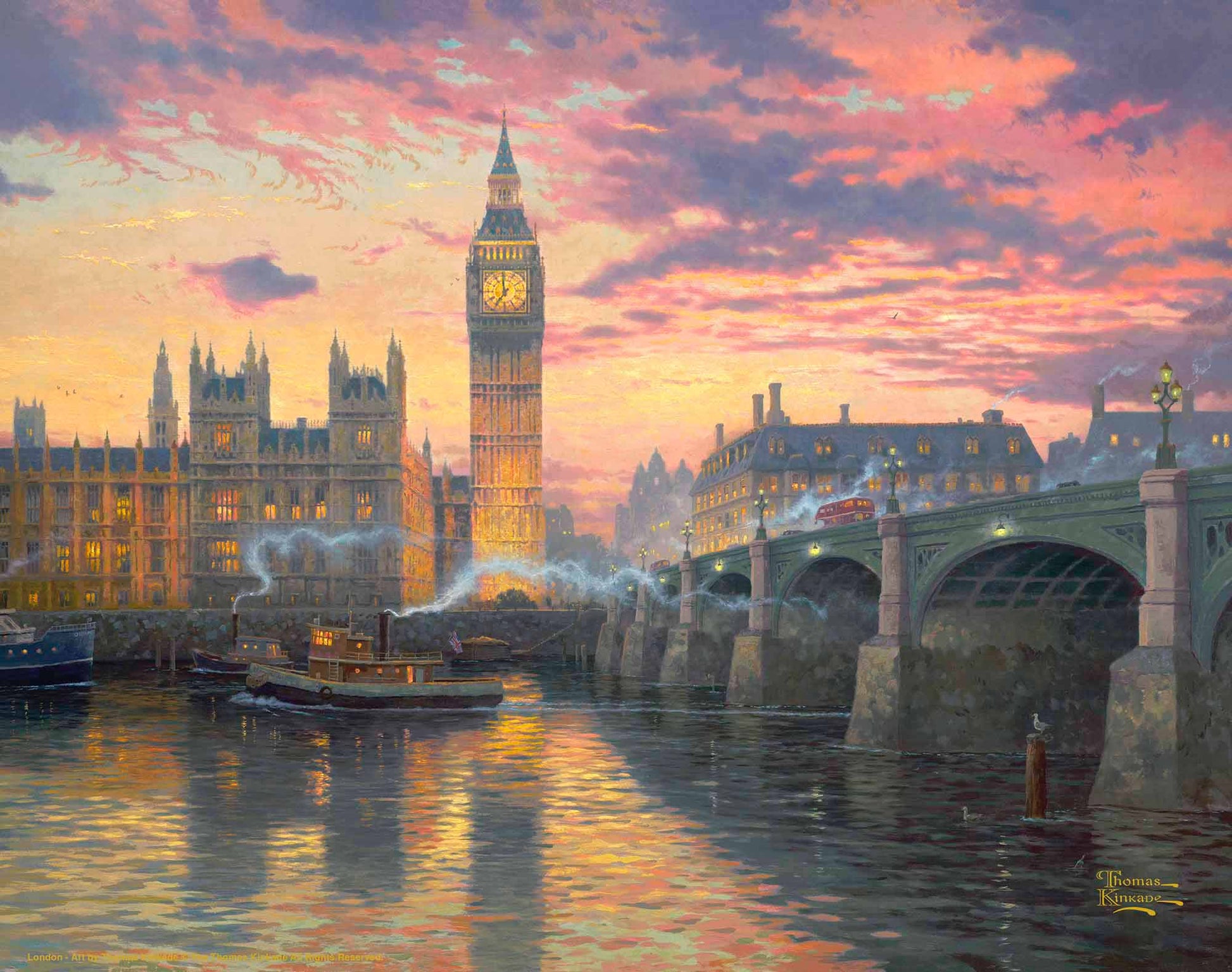 Painting of the Big Ben and a bridge by the river in London