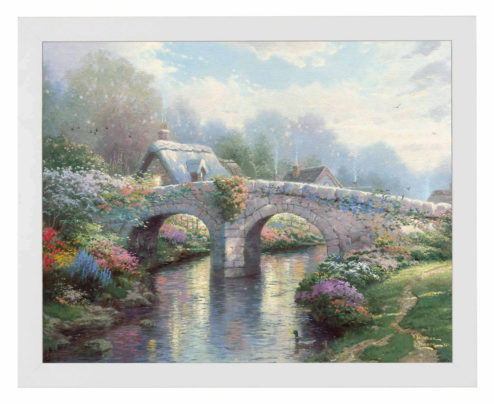 Framed painting of a bridge and trees by the lake