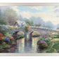 Framed painting of a bridge with blossoming trees and flowers