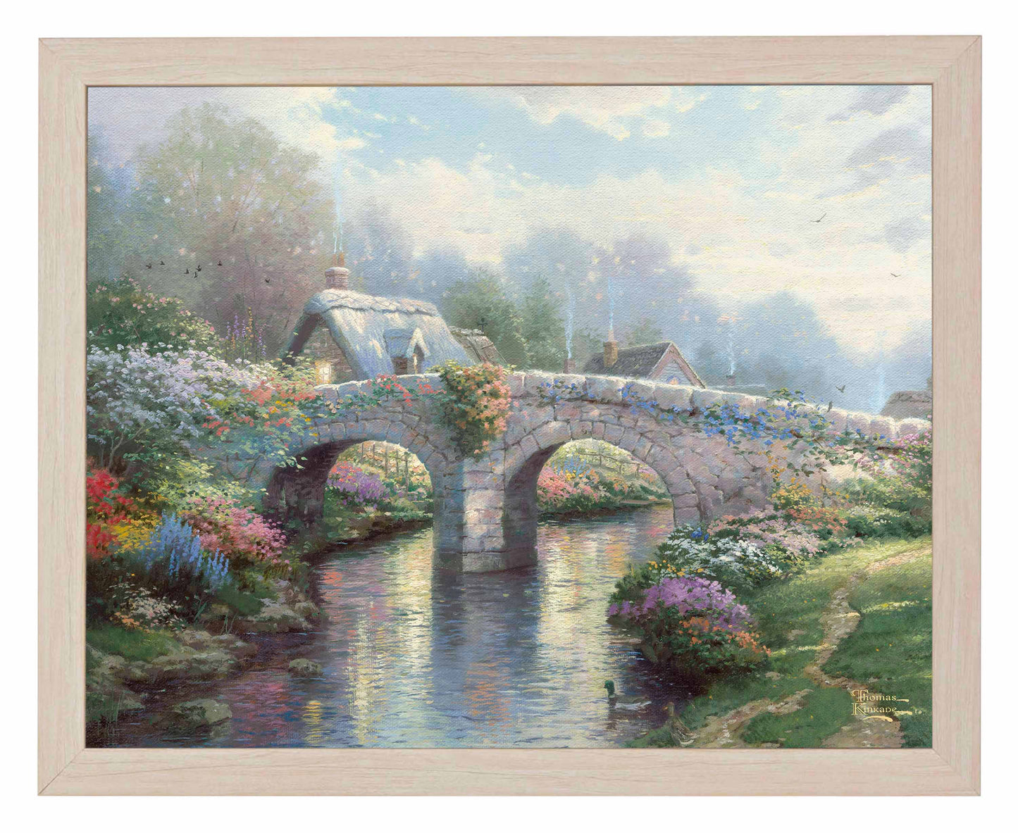 Framed painting of a bridge and trees by the lake