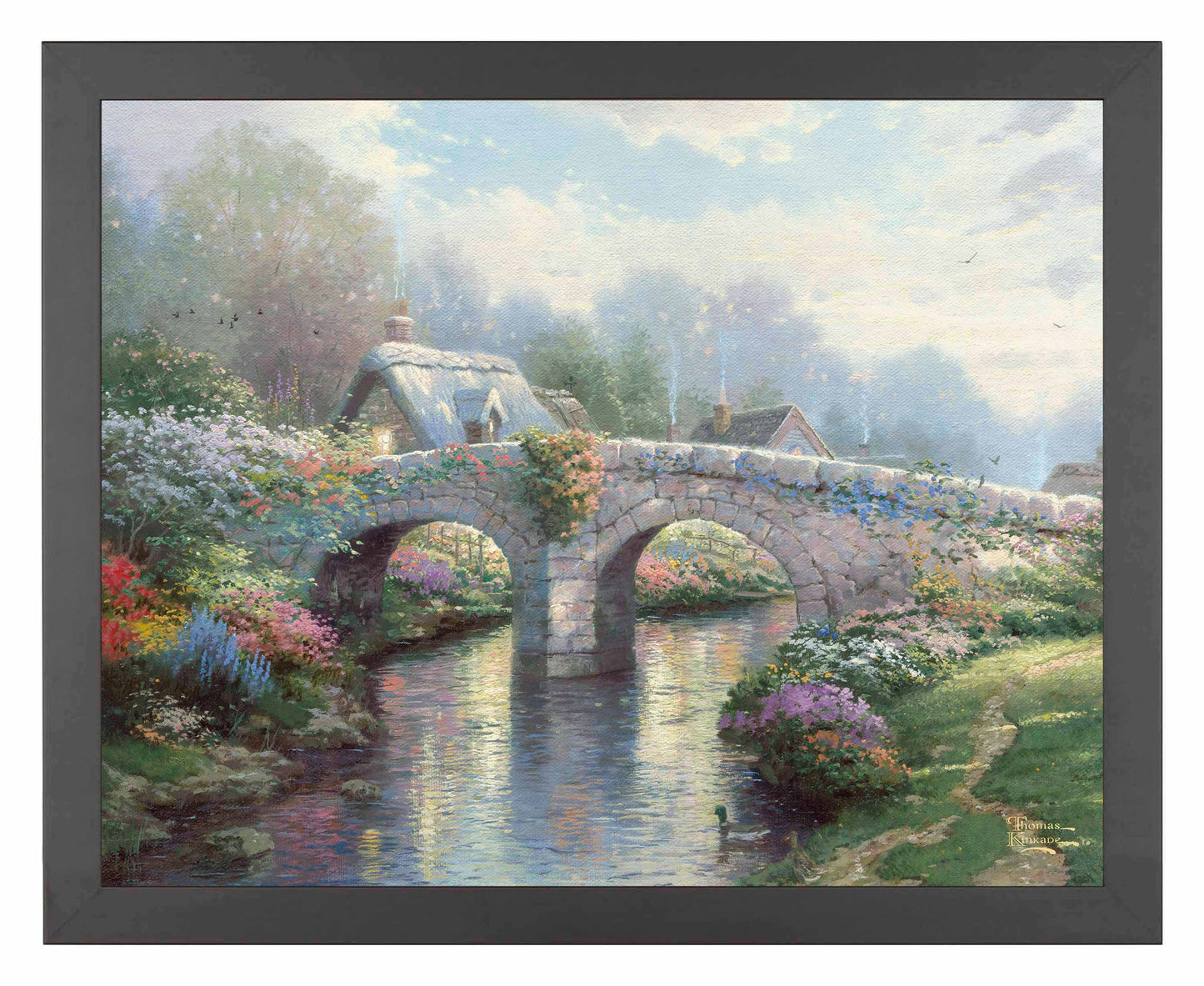 Framed painting of a bridge and trees by the lake