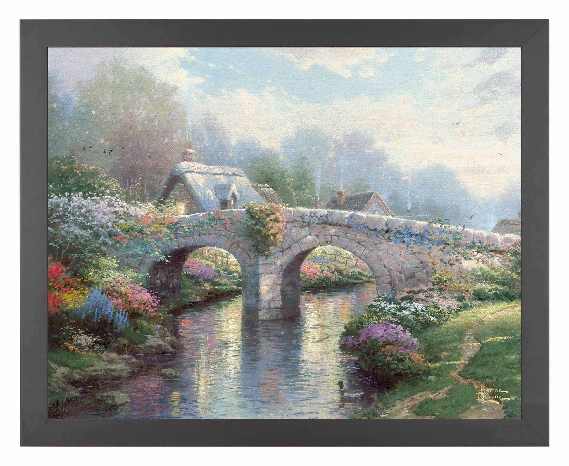 Framed painting of a bridge with blossoming trees and flowers