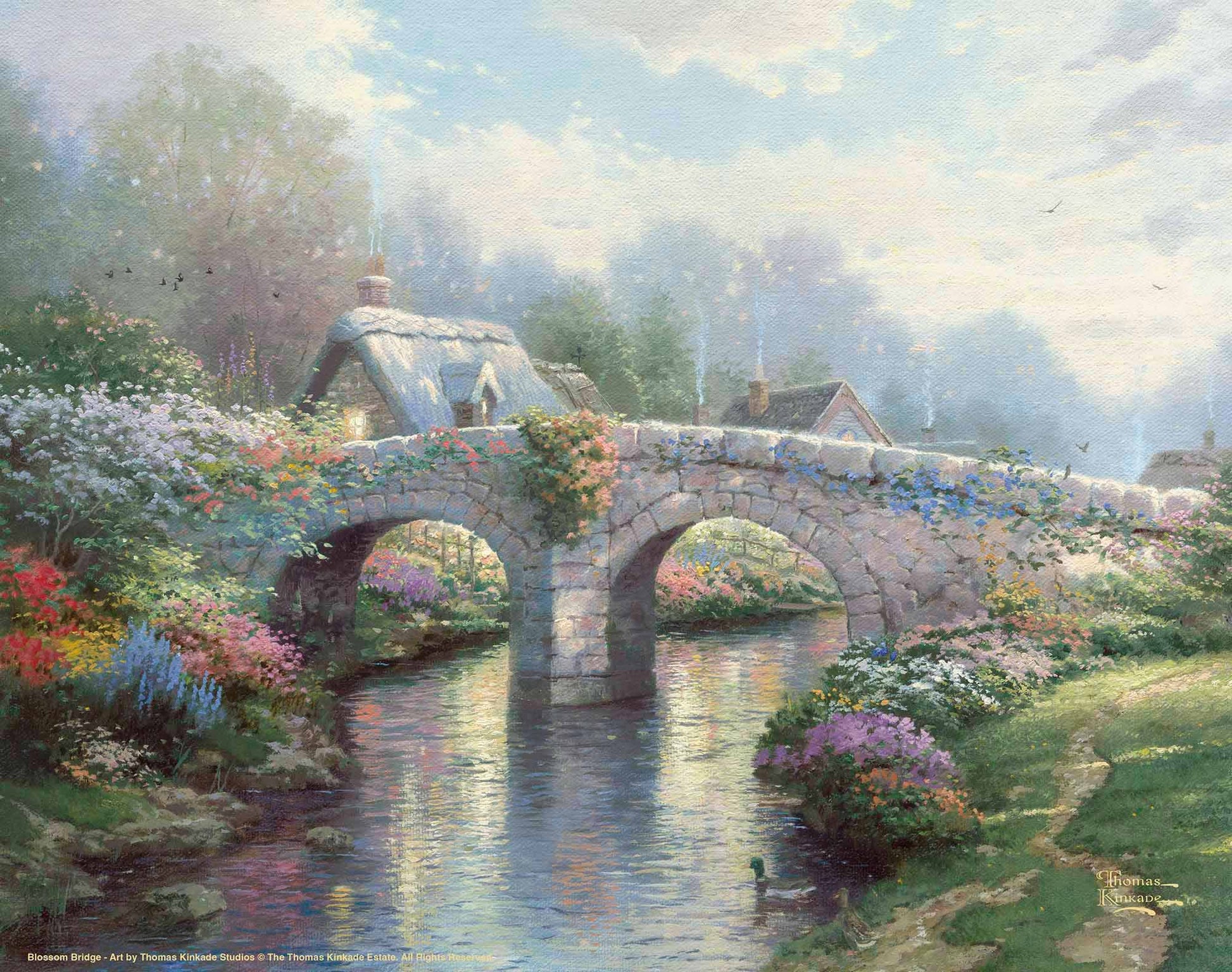 Painting of a bridge and trees by the lake