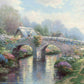 A painting of a bridge with blossoming trees and flowers