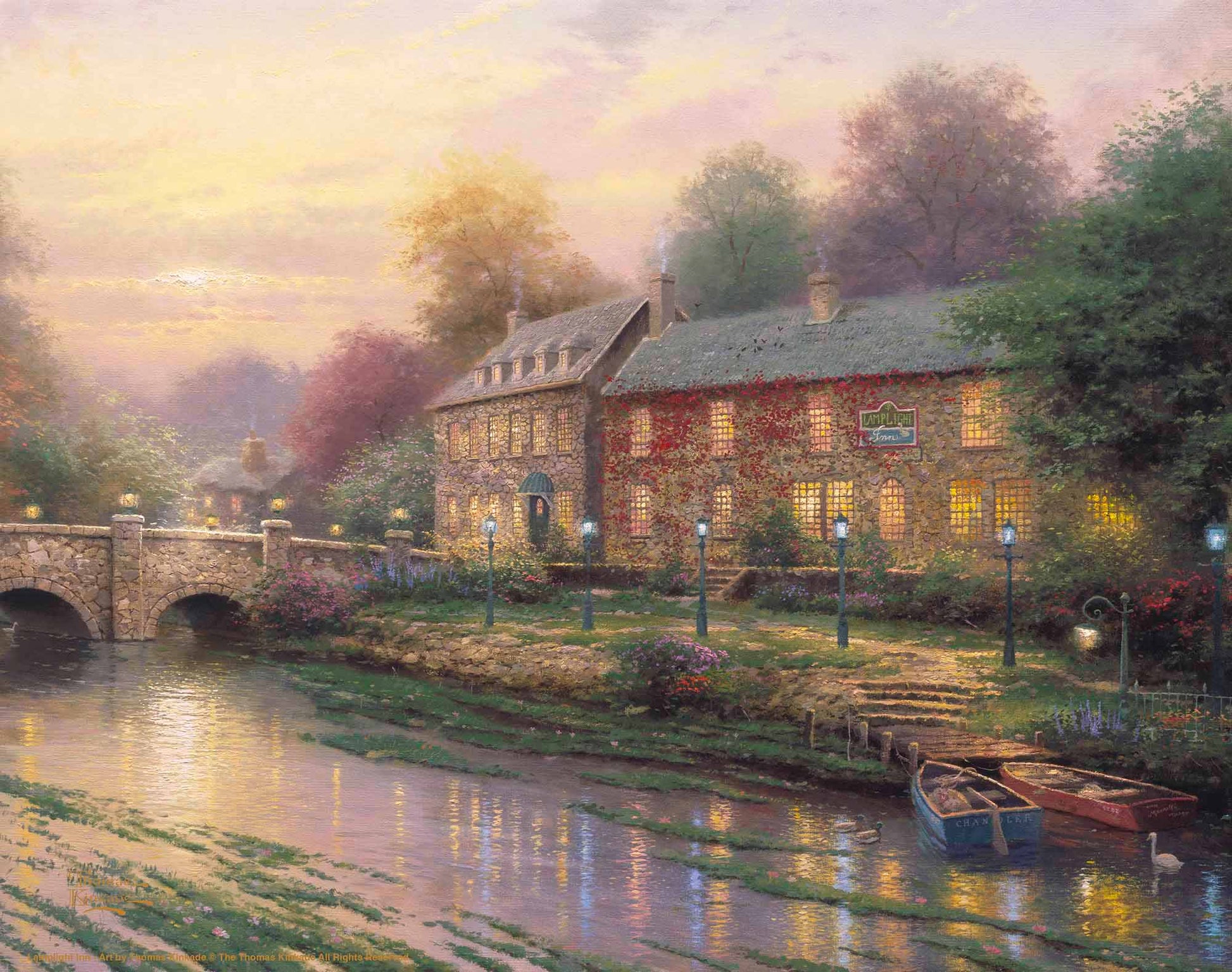 Painting of inn with lamplights and a bridge by the river