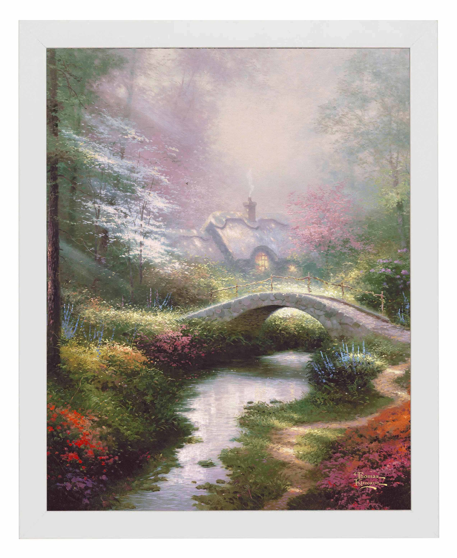 Framed painting of a bridge, house and trees by a river