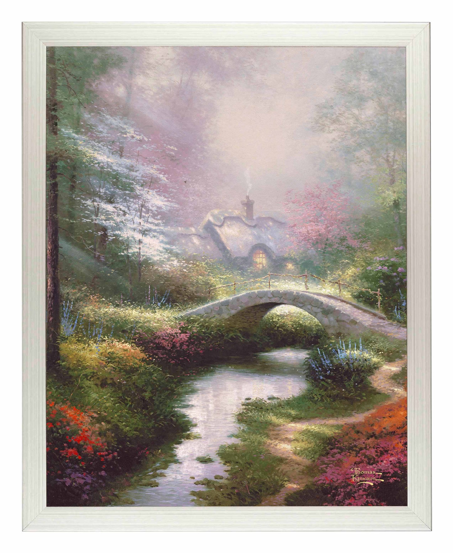 Framed painting of a bridge, house and trees by a river
