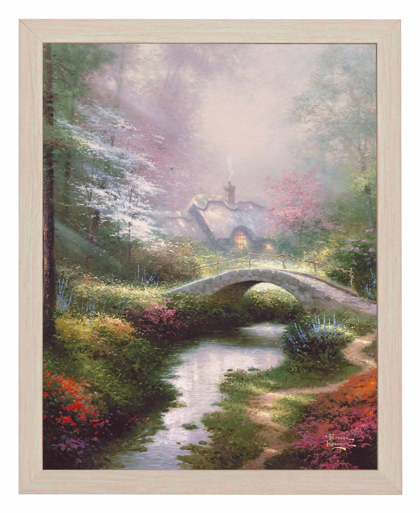 Framed painting of a bridge, house and trees by a river