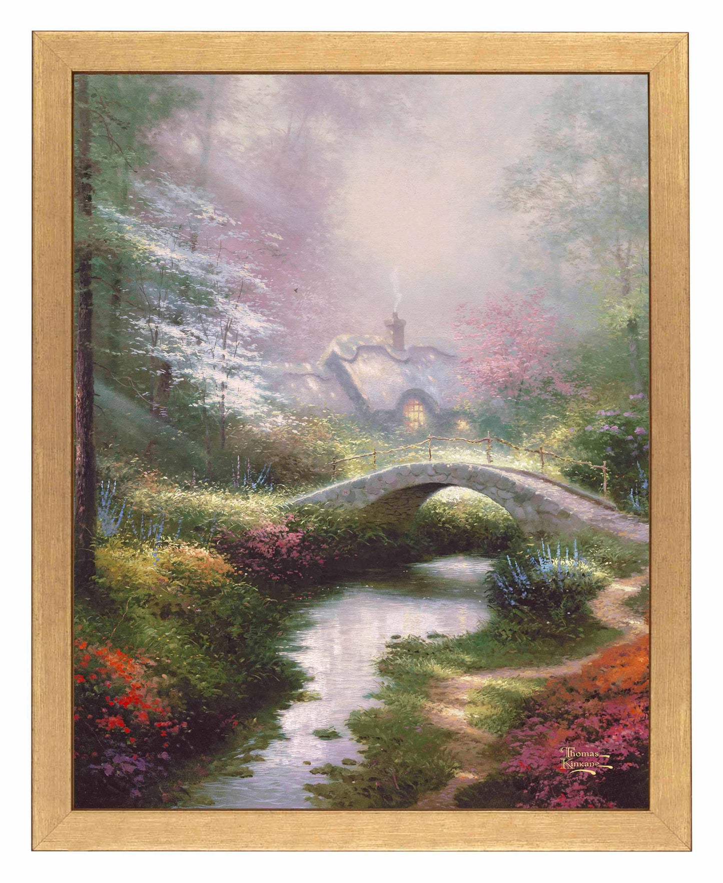 Framed painting of a bridge, house and trees by a river