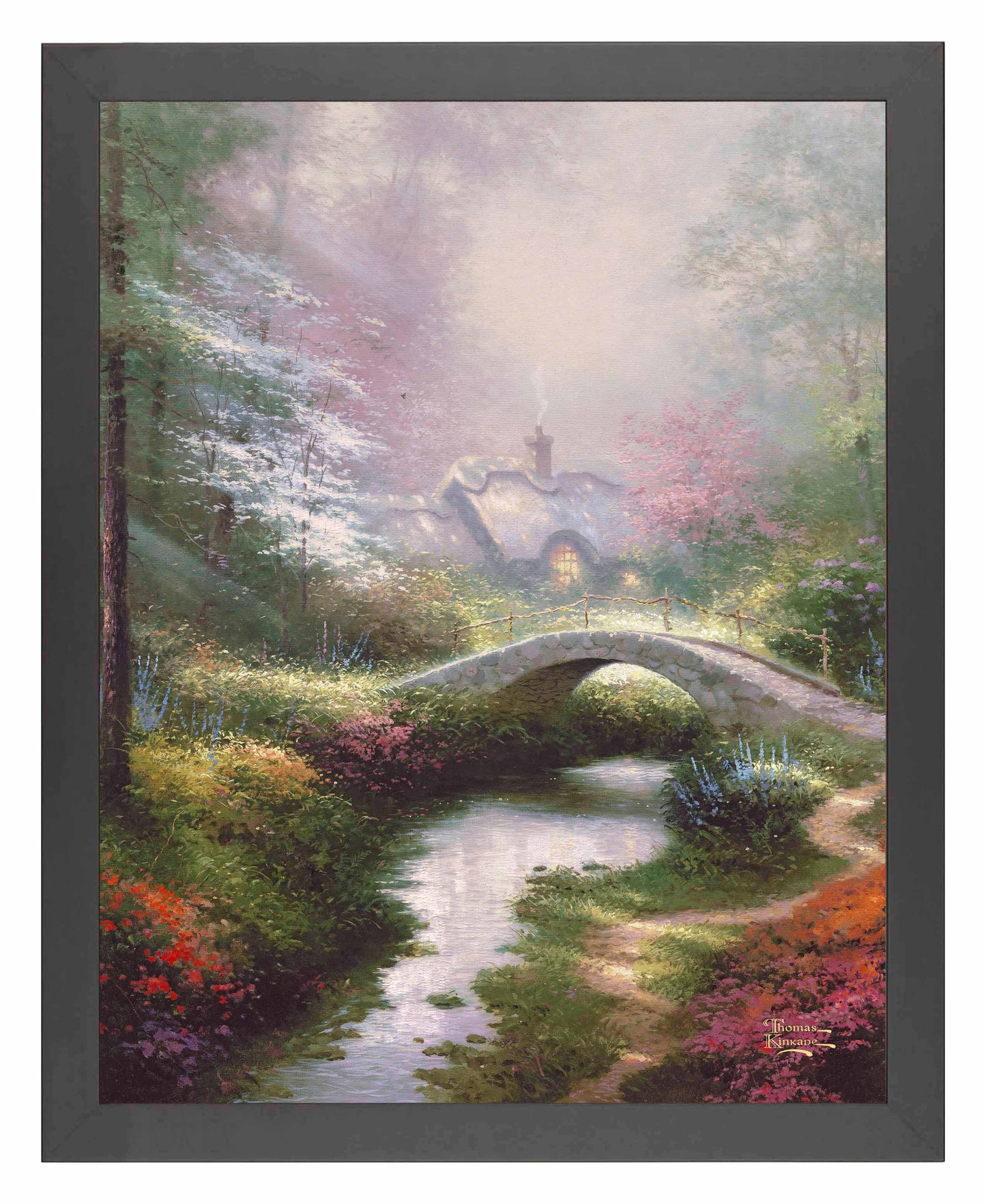 Framed painting of a bridge, house and trees by a river