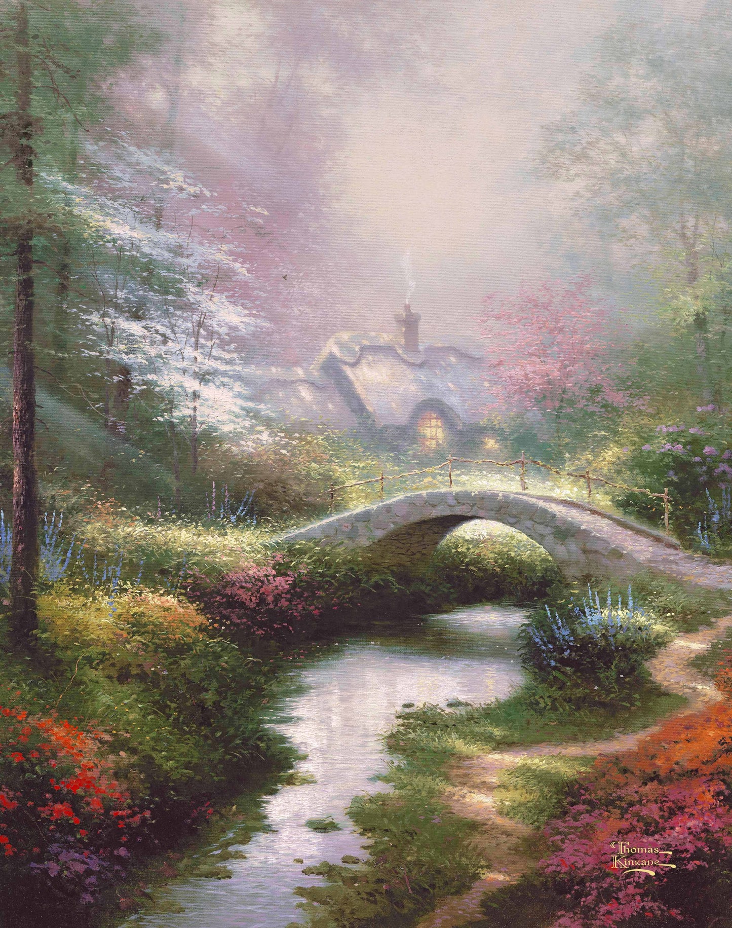 A painting of a bridge, house and trees by a river