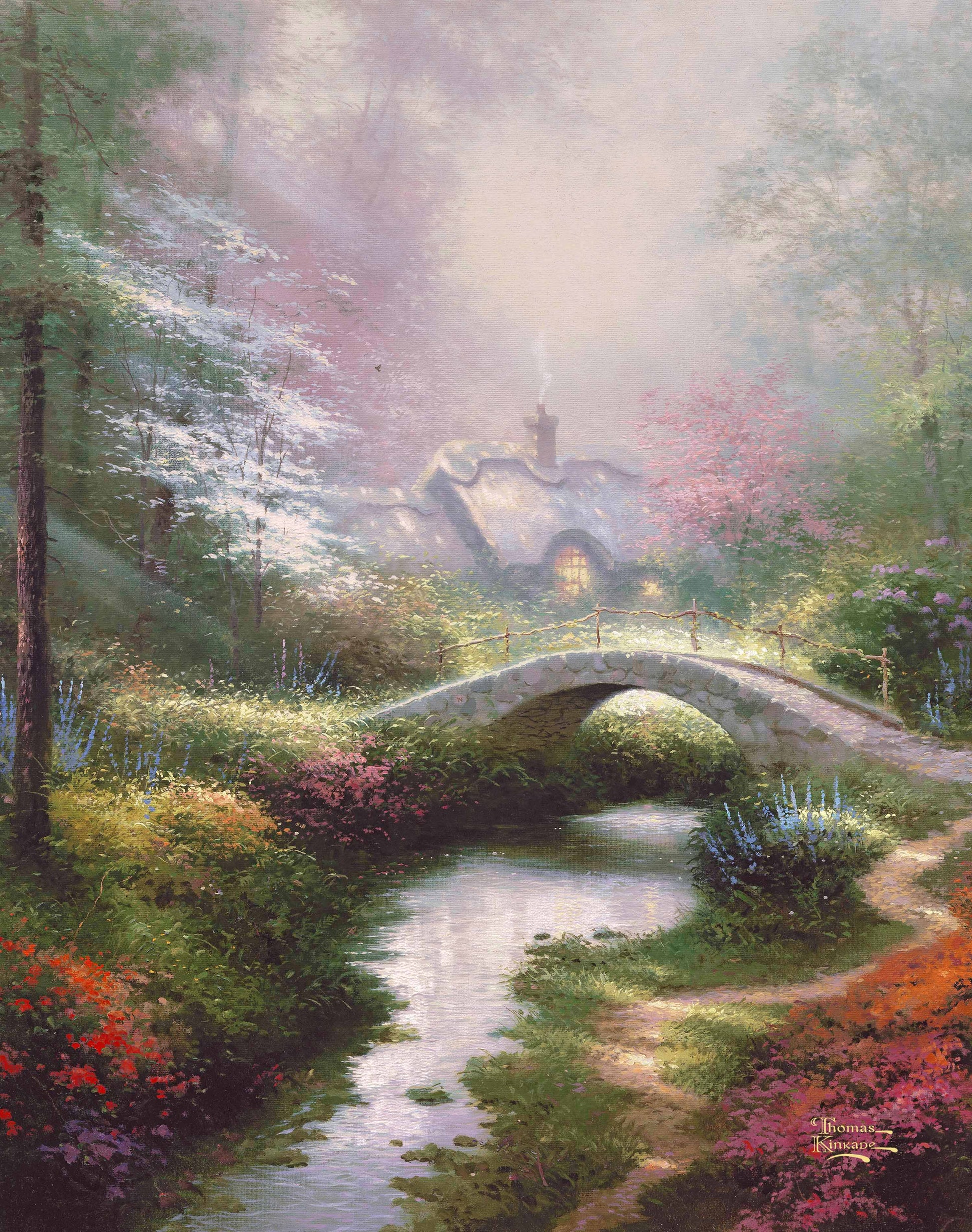 A painting of a bridge, house and trees by a river